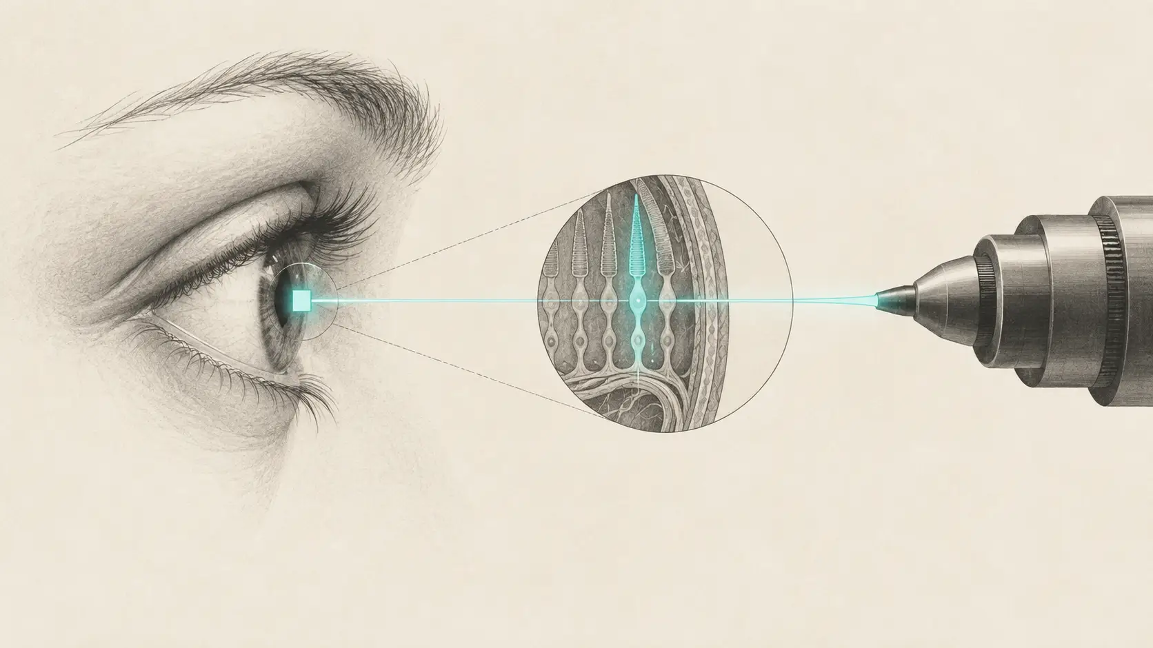 Minimal illustration of an eye, a focused optical beam and a magnified retinal cone cell.