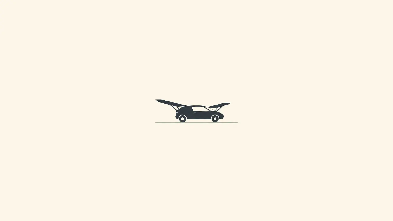 A small charcoal car silhouette with unfolded wings above a thin sage ground line on a plain ivory background.