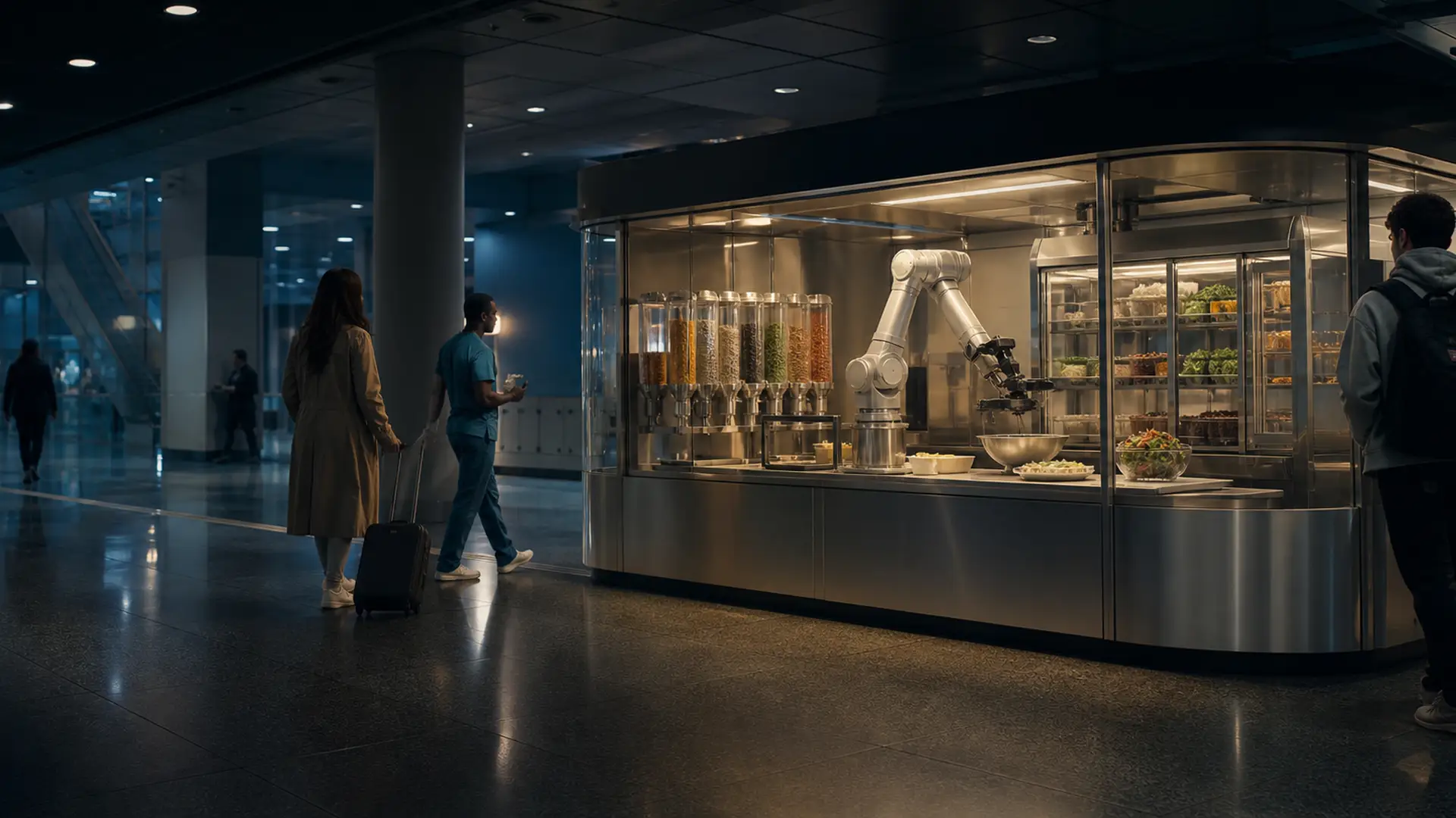 A food-safe robotic arm prepares a fresh meal inside a transparent kiosk in a late-night institutional concourse.