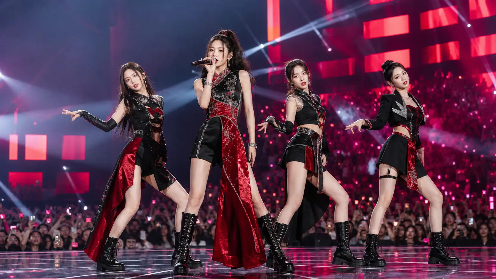 Four fictional Chinese women sing and dance in coordinated black and crimson stagewear before a packed international arena.