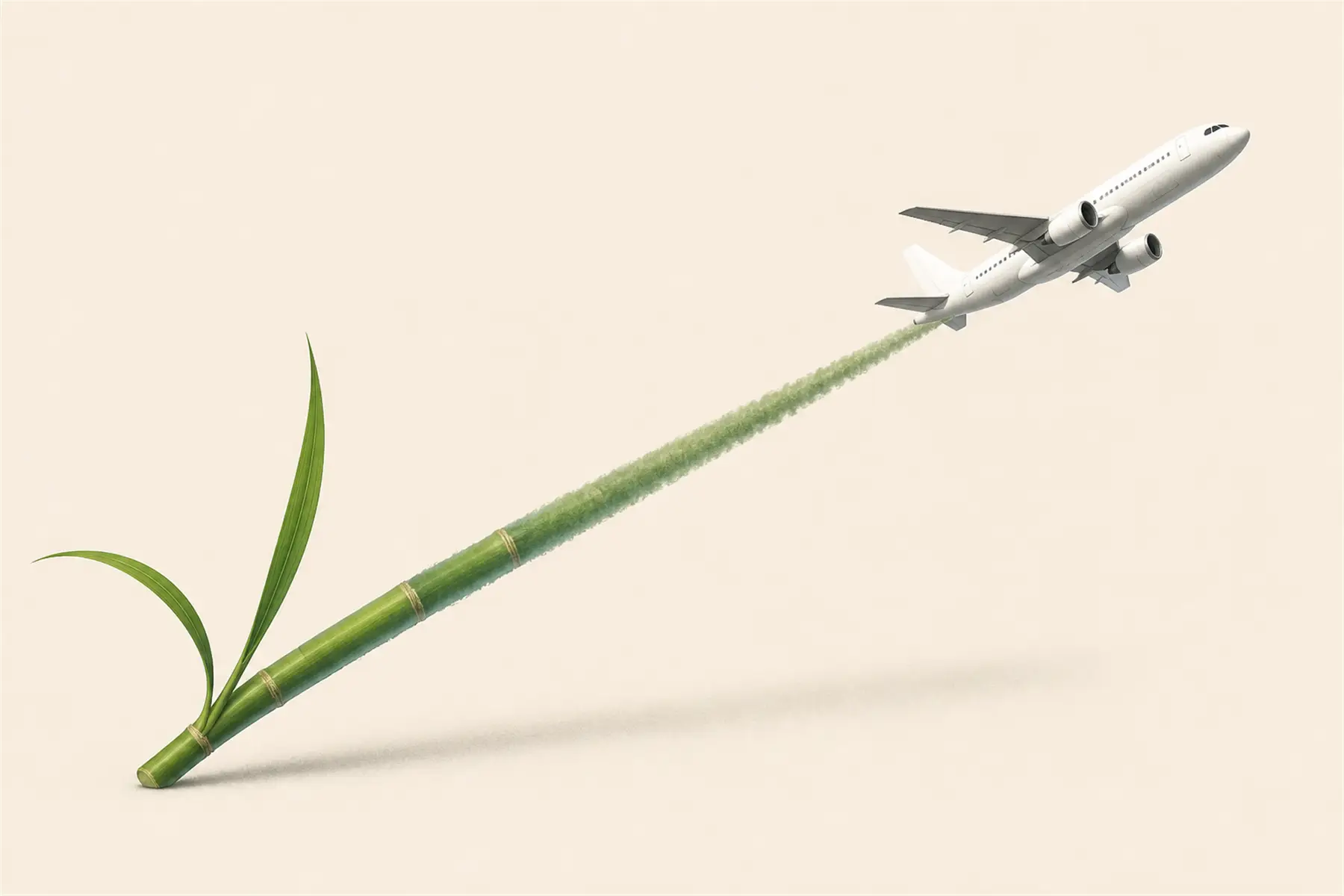 A single white passenger aircraft rises as its green vapor trail becomes a sugarcane stem.