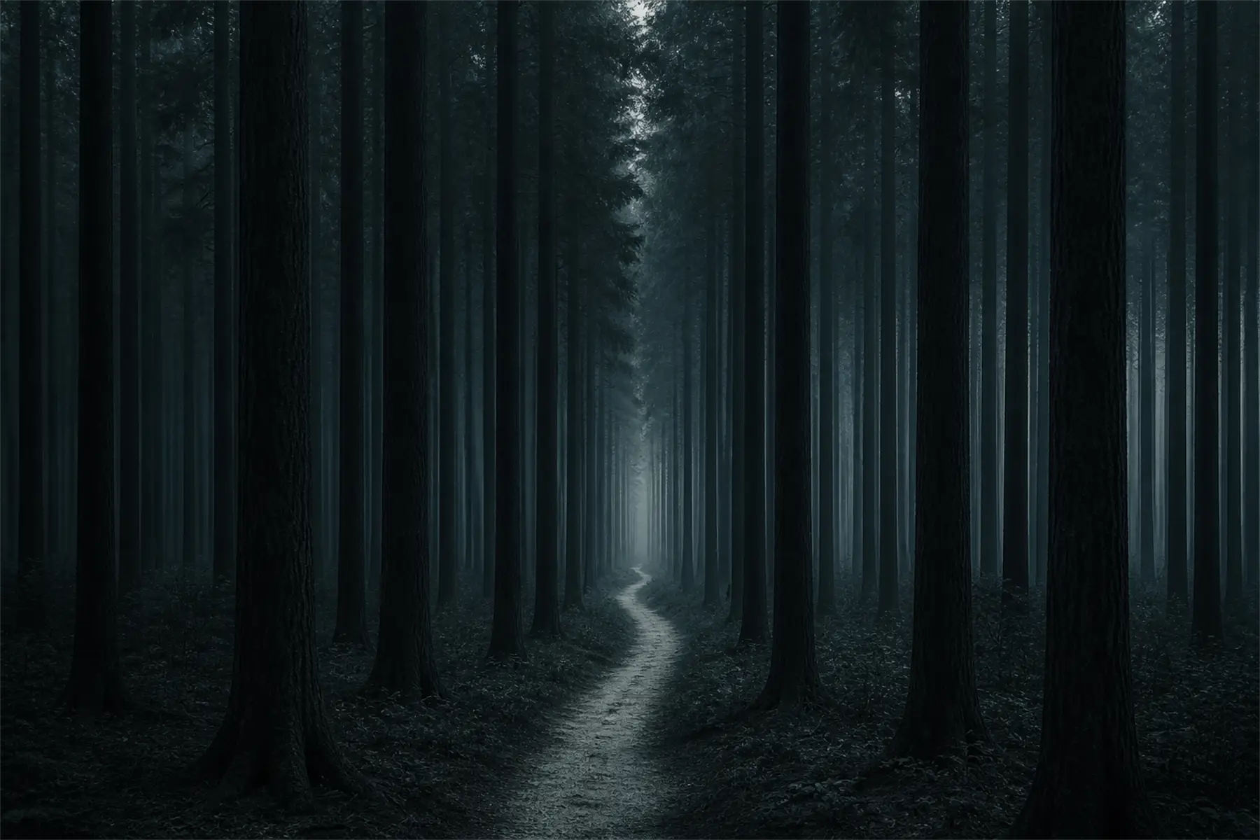 A narrow pale path disappears between repeated dark trunks in a misty Japanese cedar forest.
