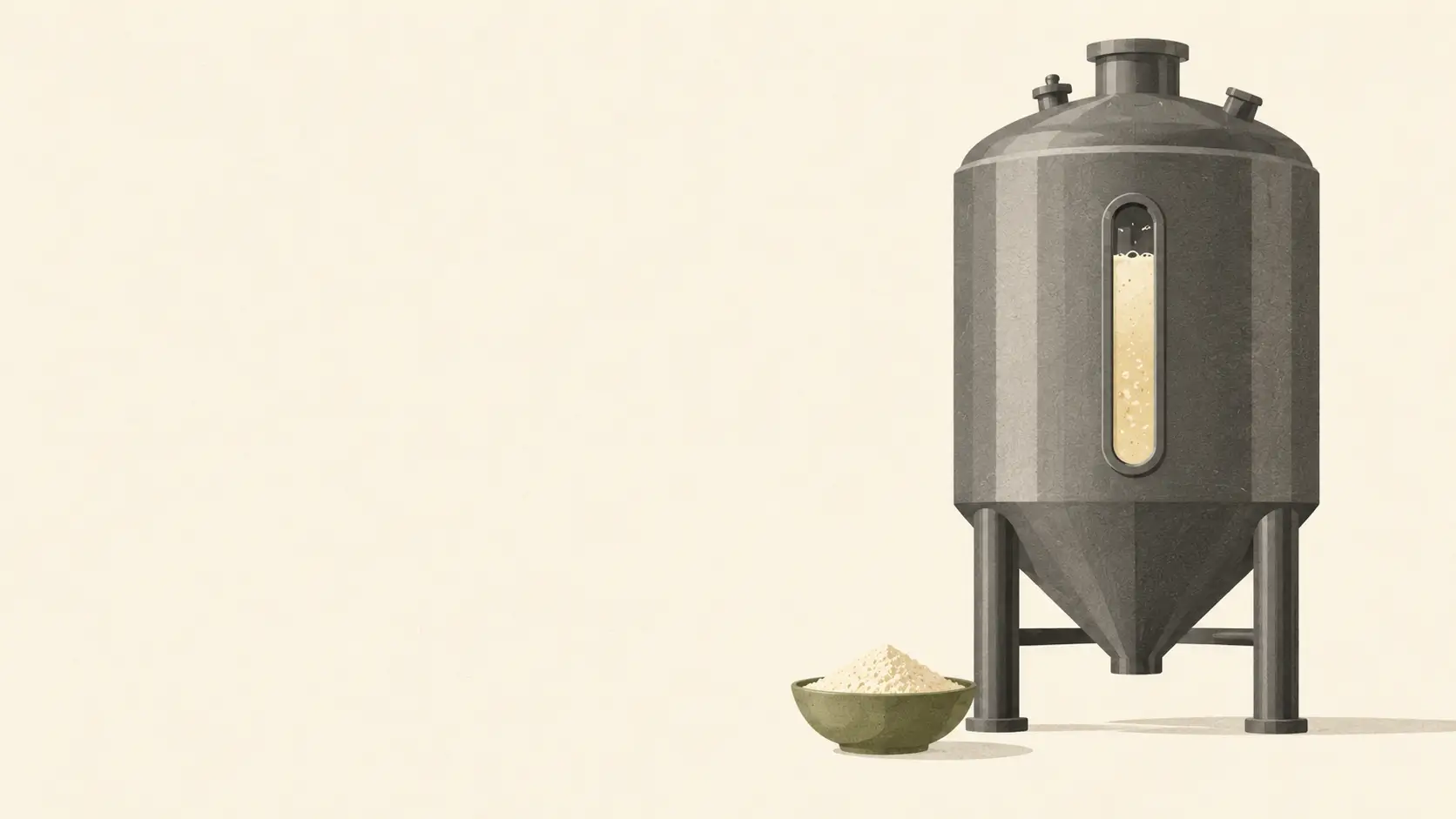 Minimalist illustration of a charcoal fermentation tank and a small olive bowl of protein flour on an ivory background.
