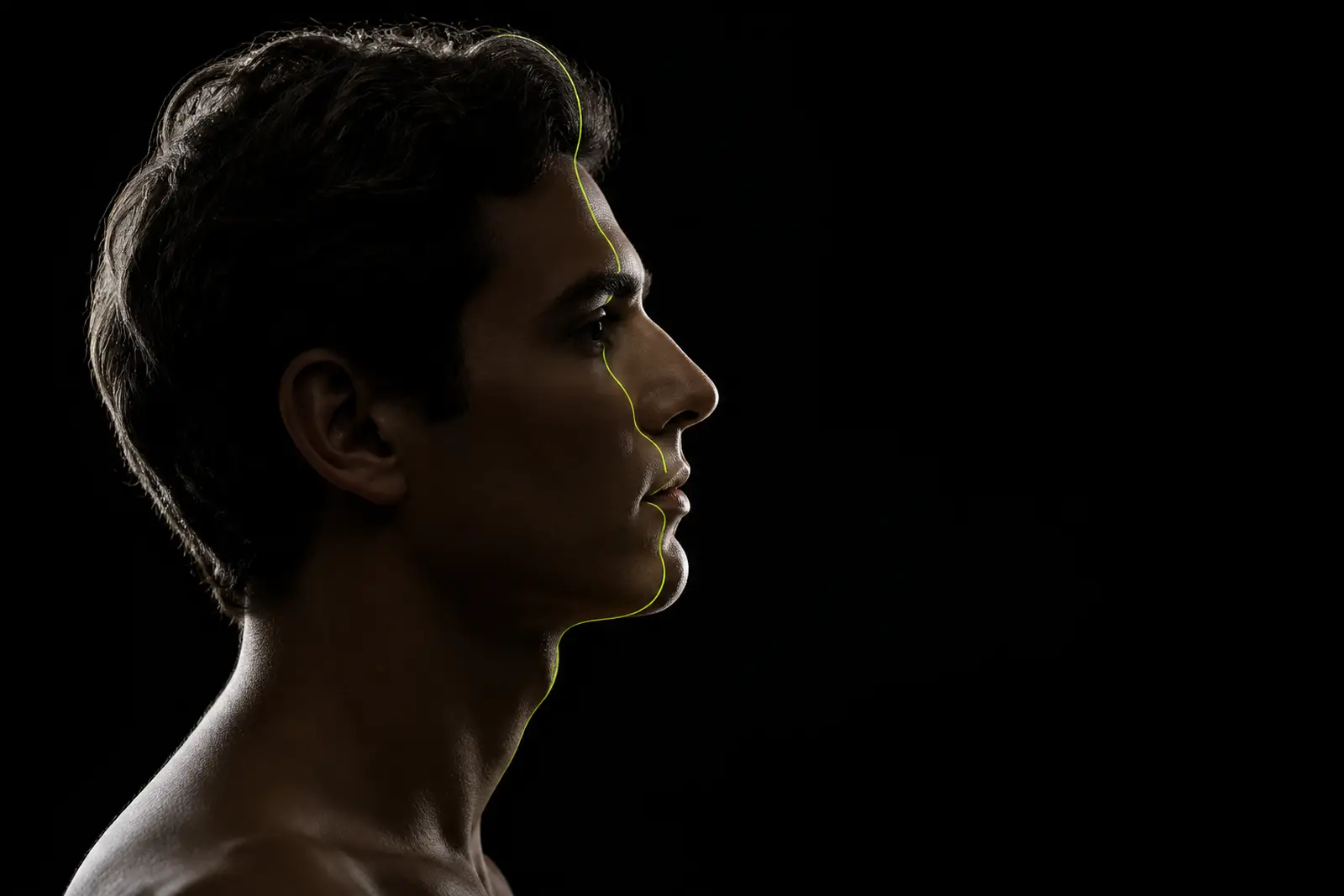 An actor in profile with a thin lime calibration line crossing the face.