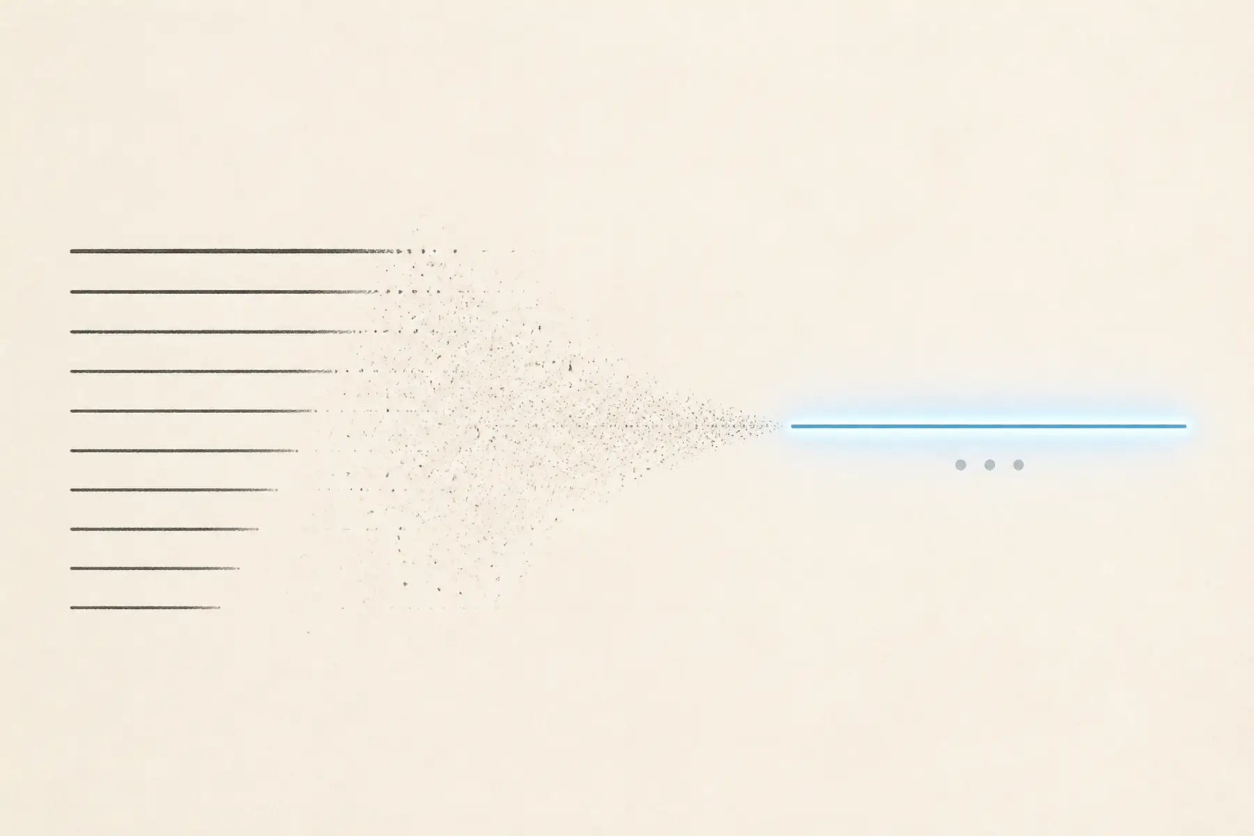A ranked search-results ladder dissolves into one luminous answer with three small source marks.