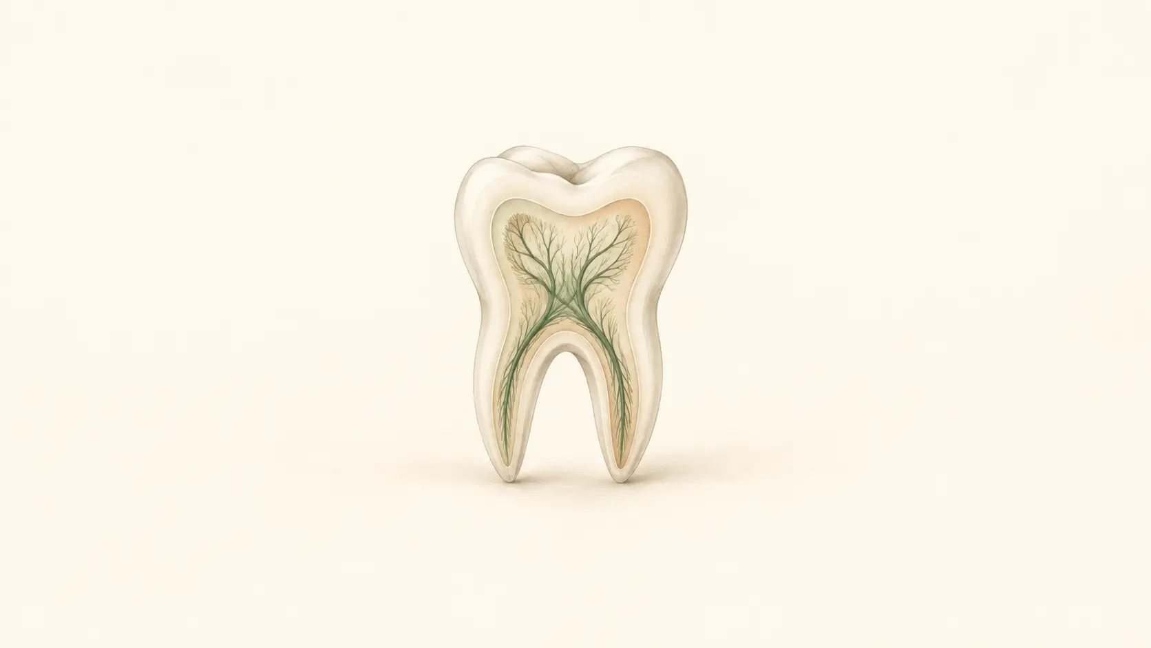 An ivory tooth in cutaway with fine green branches inside, on a warm ivory background.