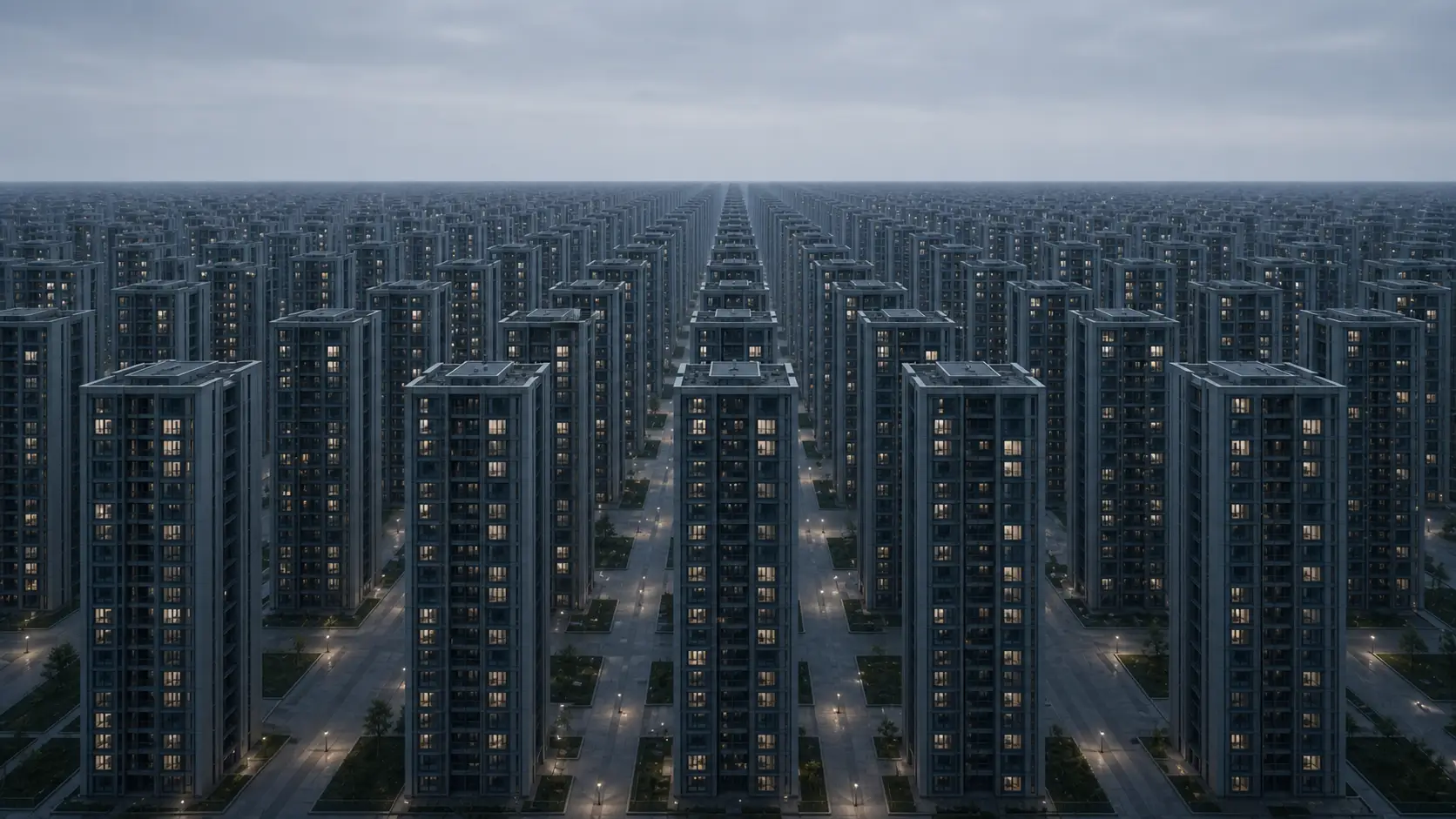 One identical residential skyscraper is repeated in rigid rows across a vast blue-grey city.