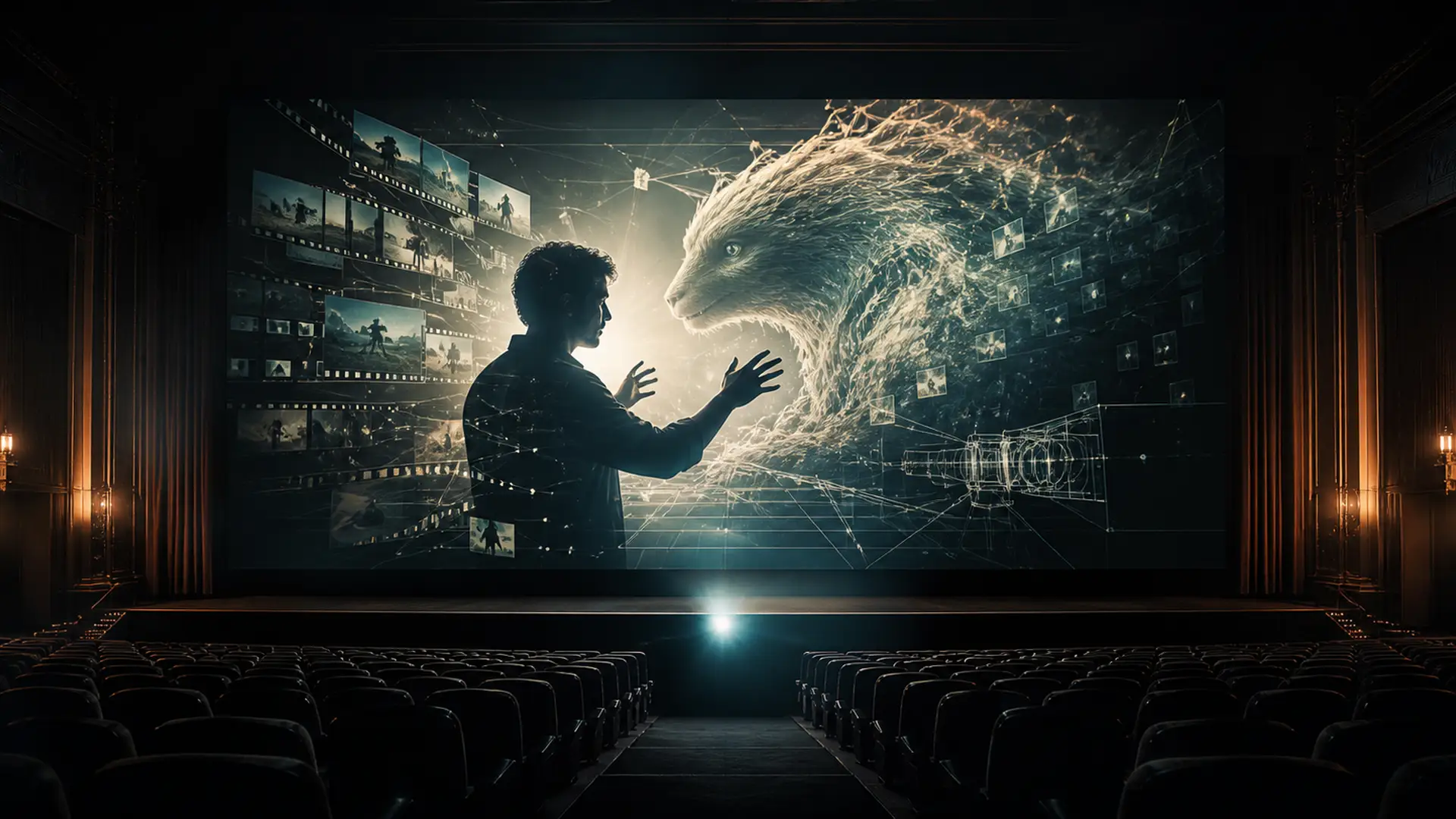 An empty cinema faces a luminous screen where a filmmaker shapes a fantastical digital creature from layers of film and light.
