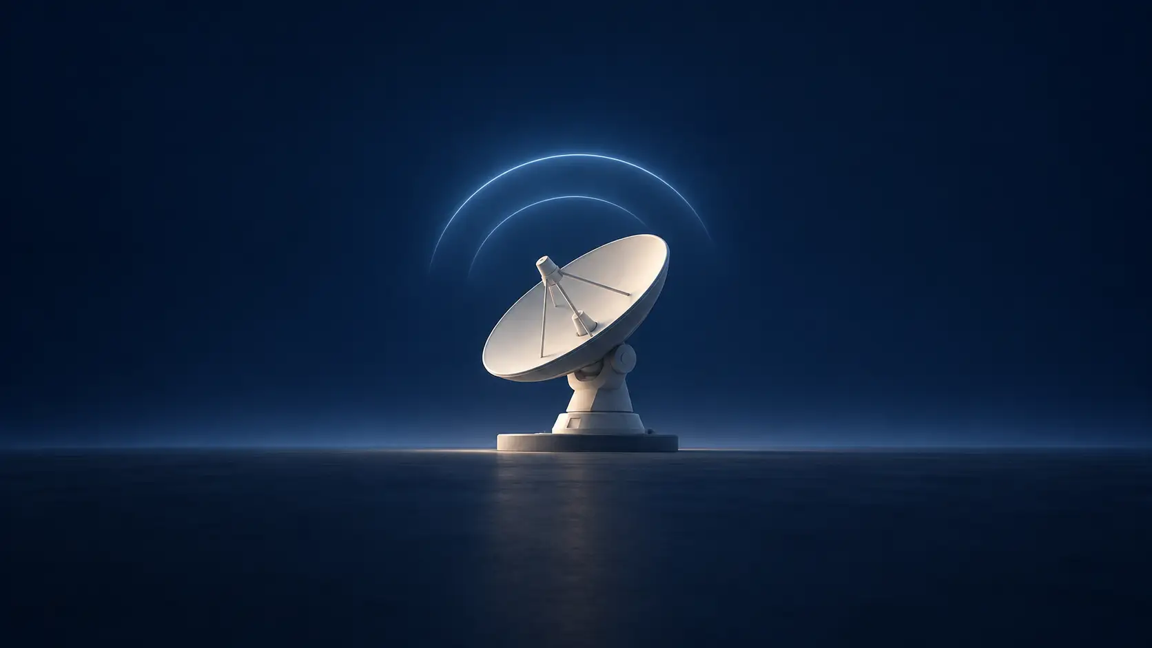 A single ivory radar antenna beneath pale blue signal arcs on a dark blue background.