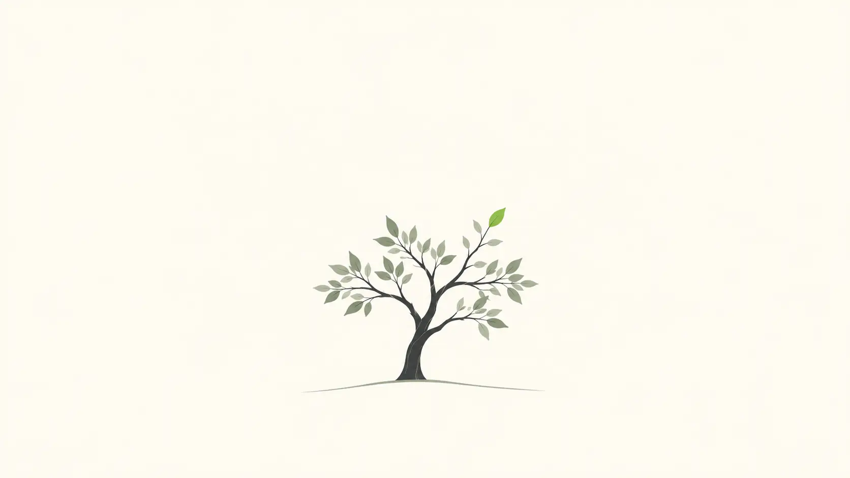 A small charcoal tree with muted sage leaves and a fresh green leaf on a plain ivory background.
