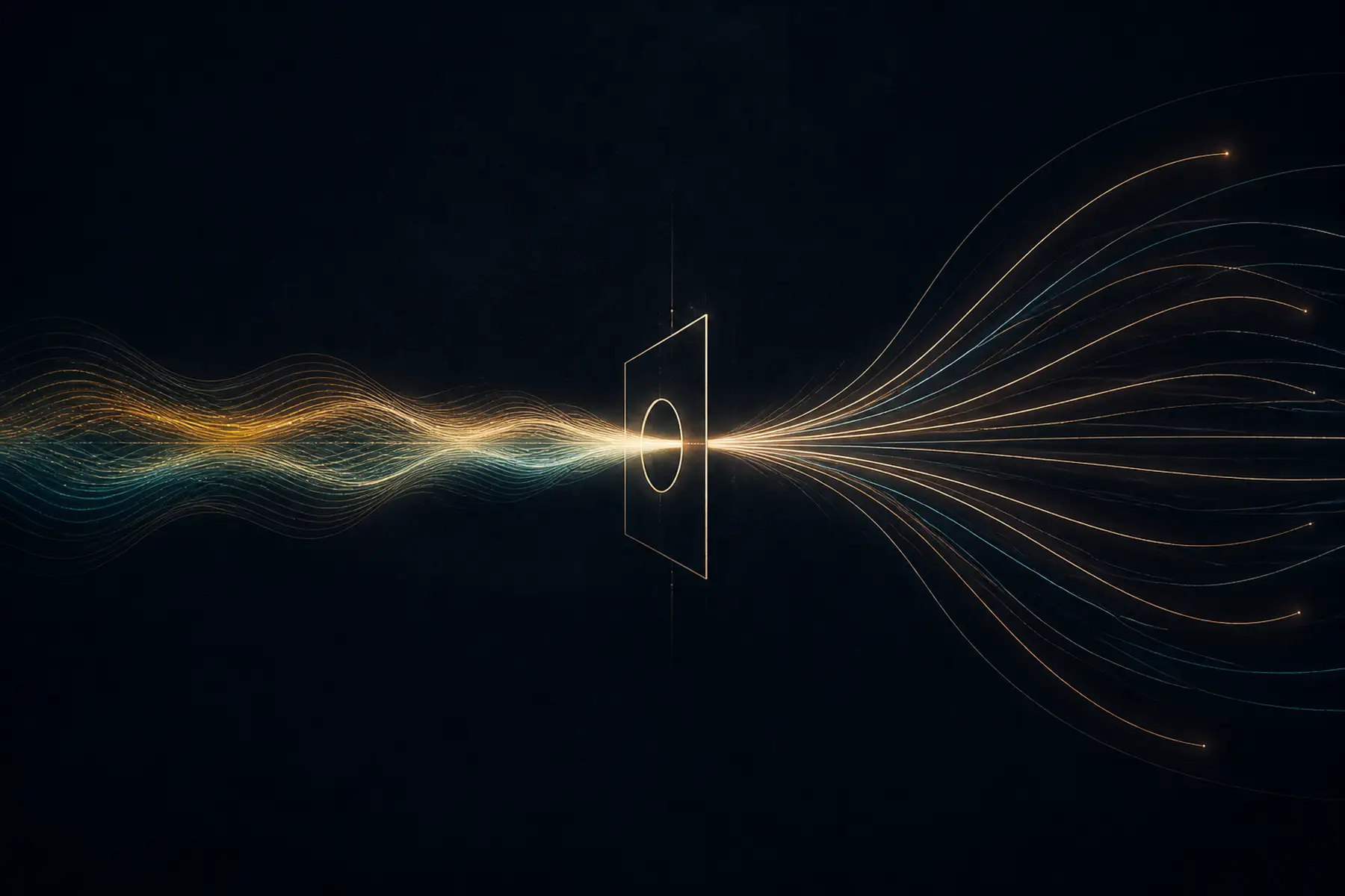 One luminous physical wave passes through a geometric aperture and becomes many coherent trajectories.