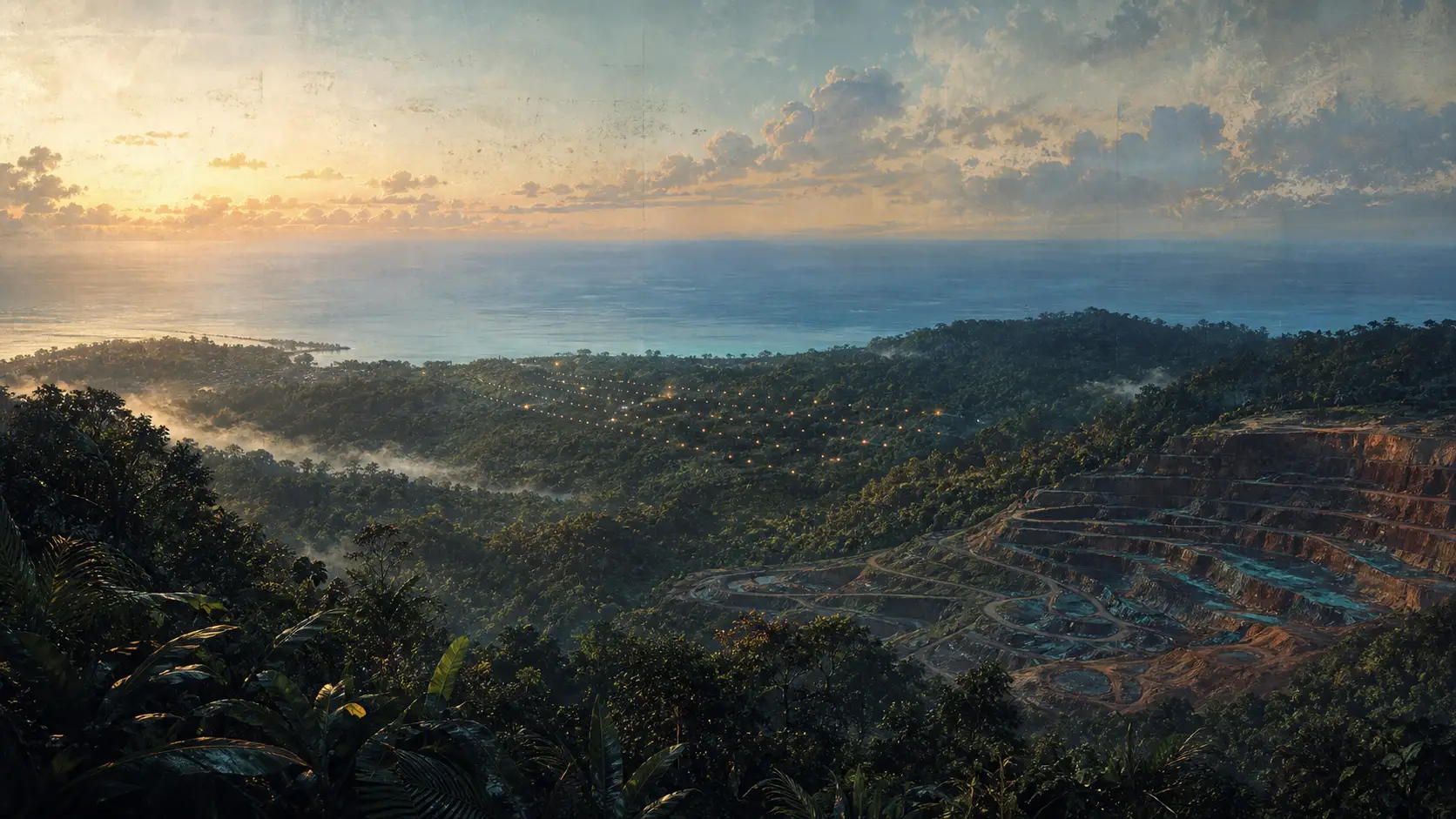 Editorial illustration of Bougainville's rainforest, Pacific coast and the terraced Panguna mine at dawn.