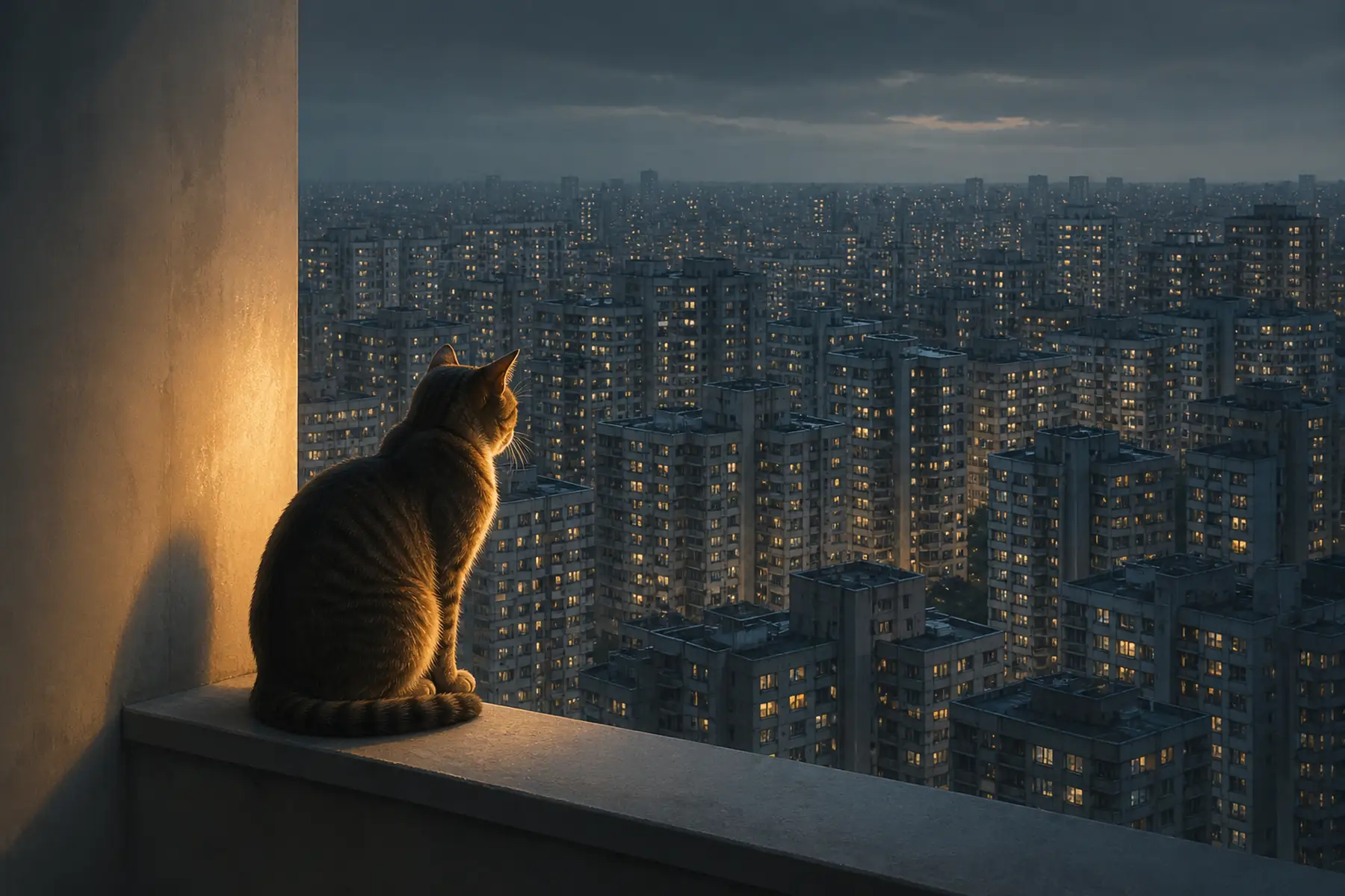 A single house cat sits on a high-rise windowsill overlooking a vast city of densely repeated apartment towers at dusk.