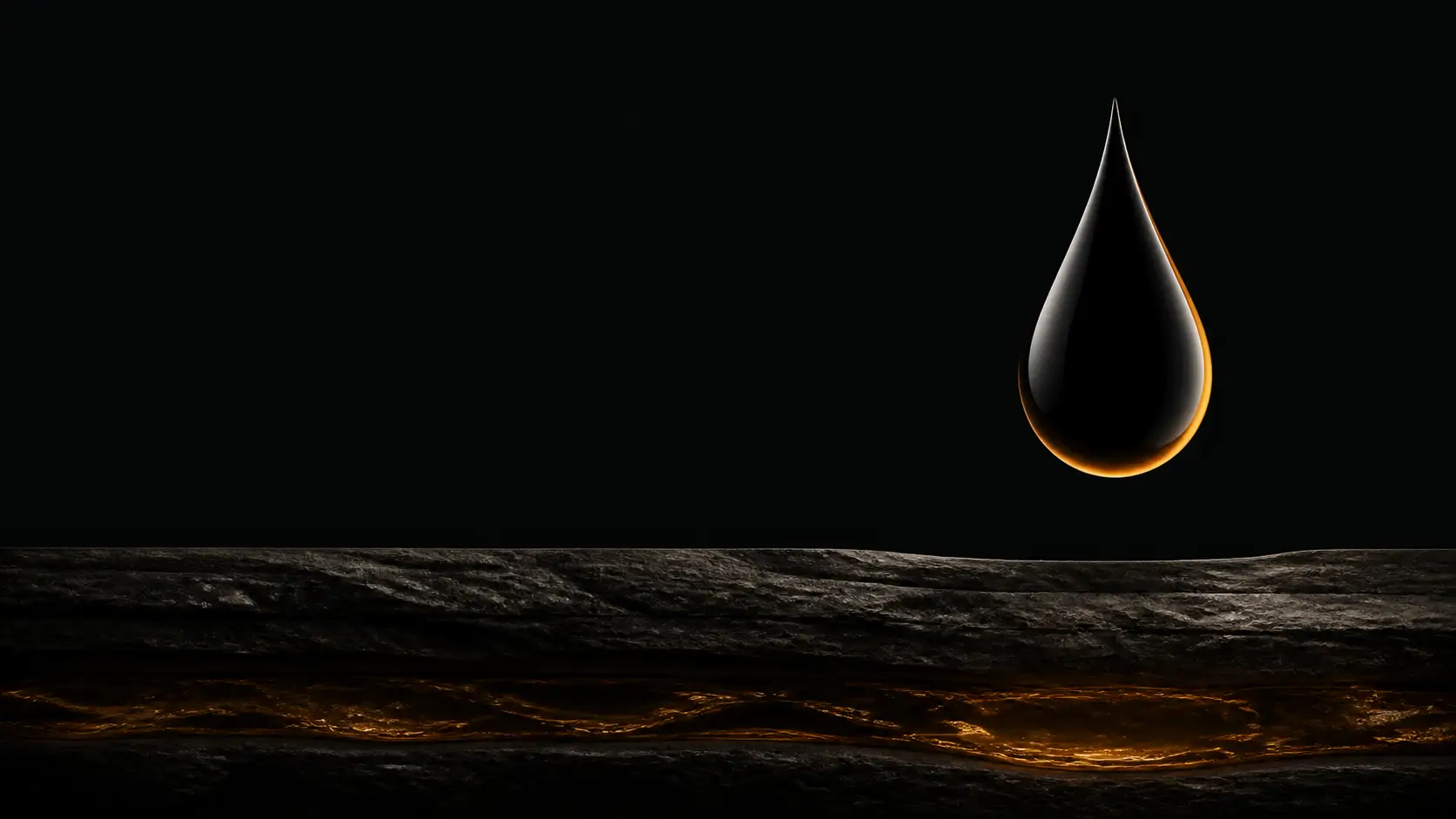 A single black oil droplet suspended above an amber petroleum reservoir inside a thin dark geological layer.