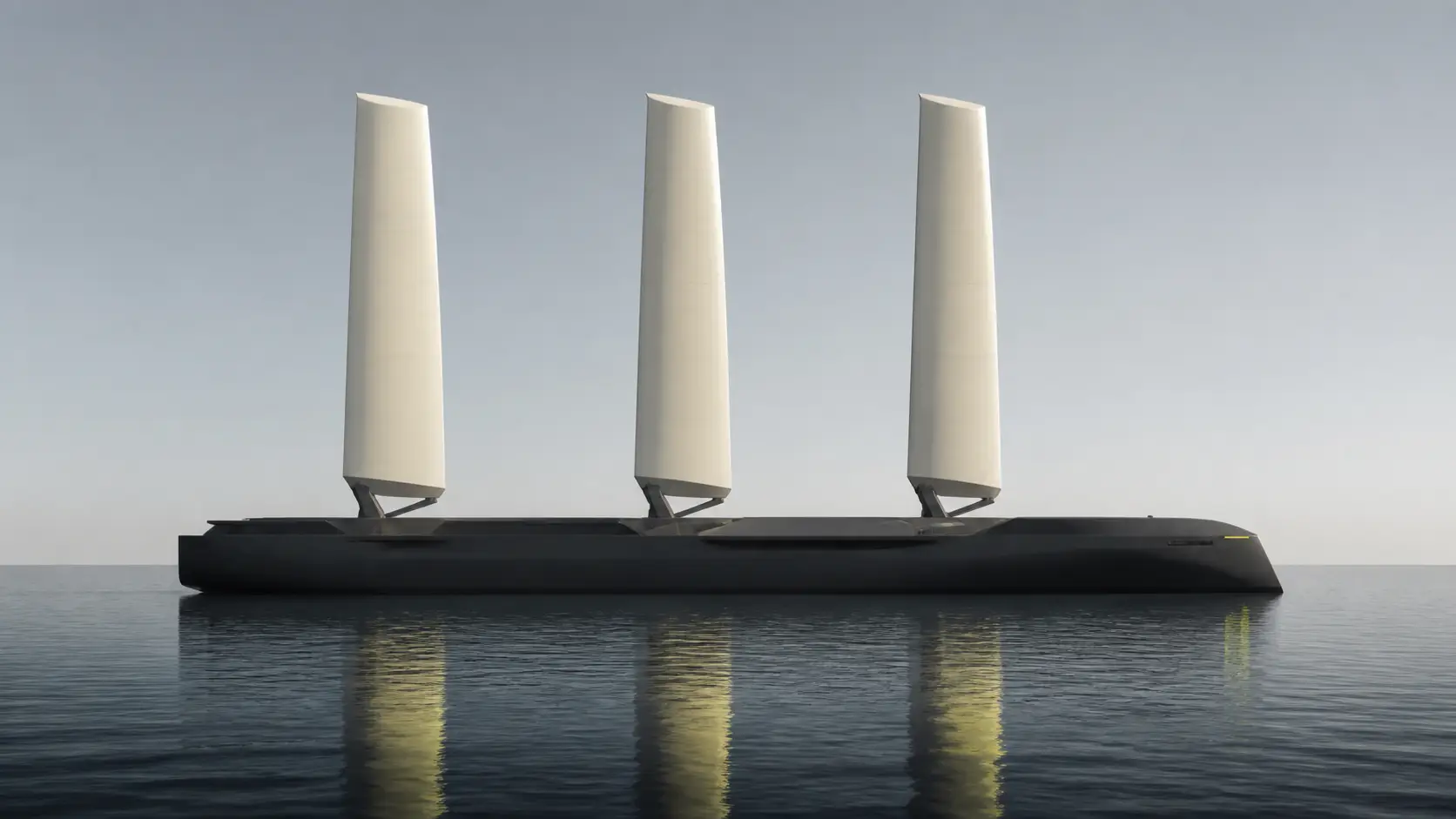 A minimal futuristic black cargo ship crosses calm water beneath three identical ivory rigid wing-sails.