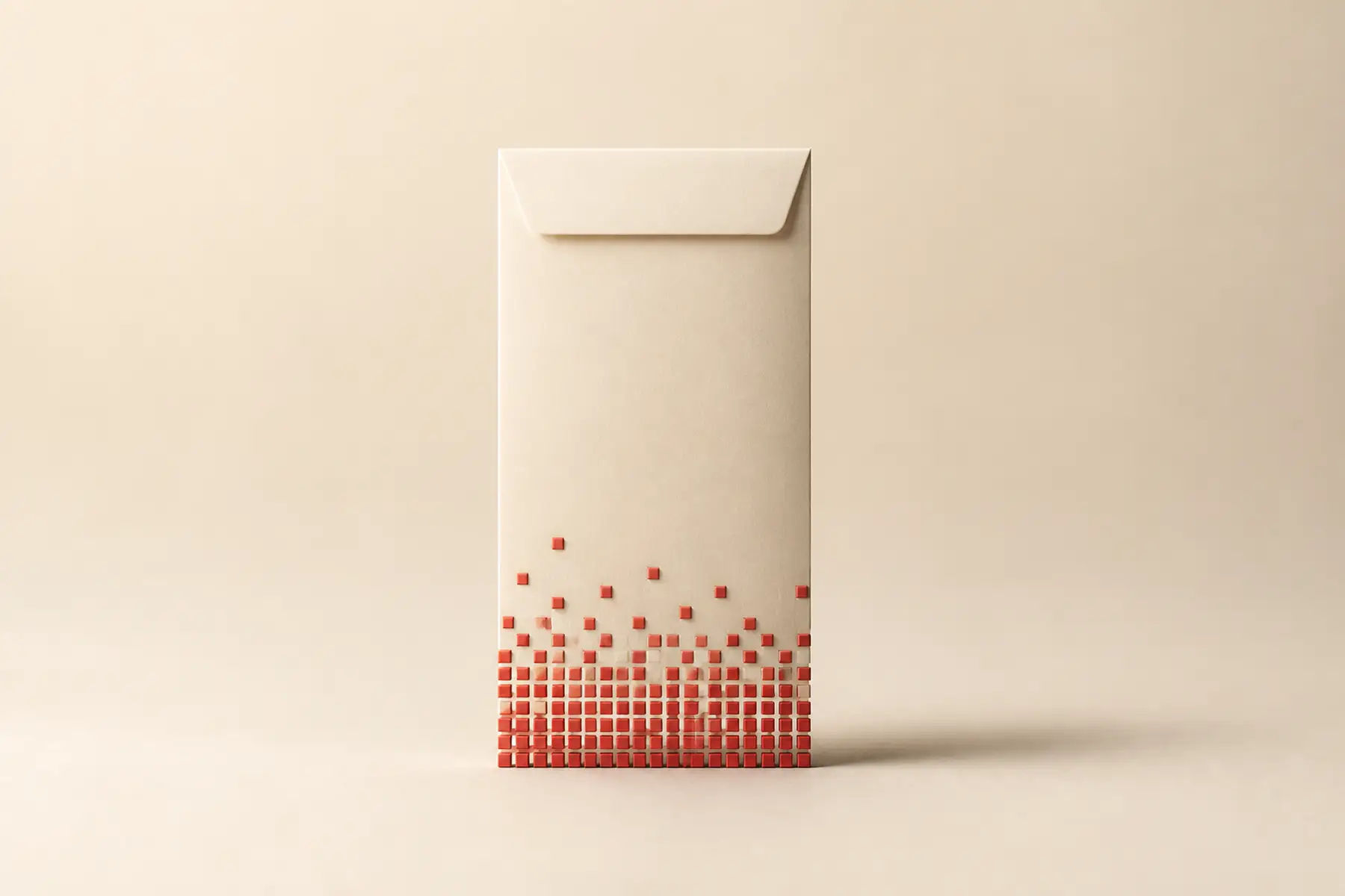 A blank ivory pay envelope dissolves into an orderly field of small red digital-payment pixels.