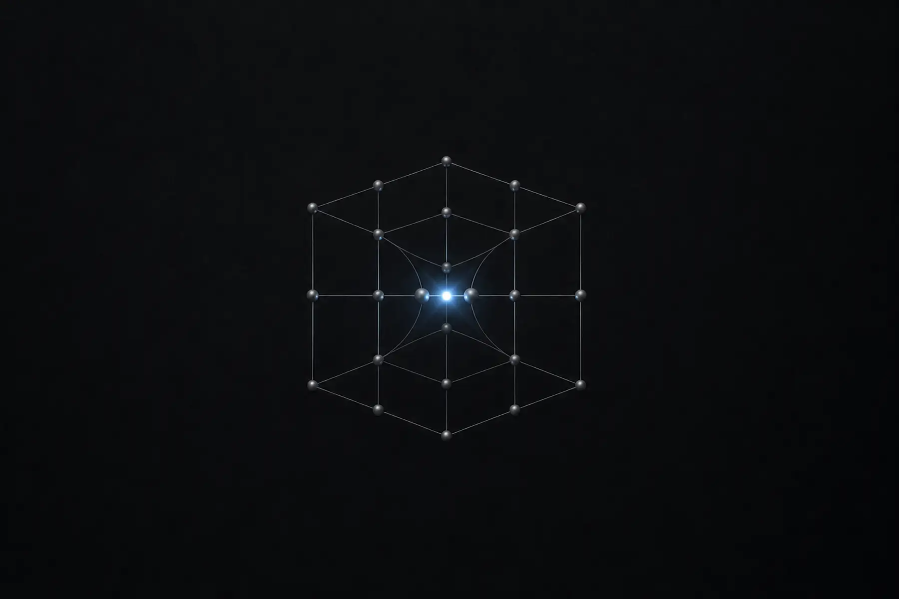 Two deuterium nuclei meet at the centre of a sparse metal lattice.