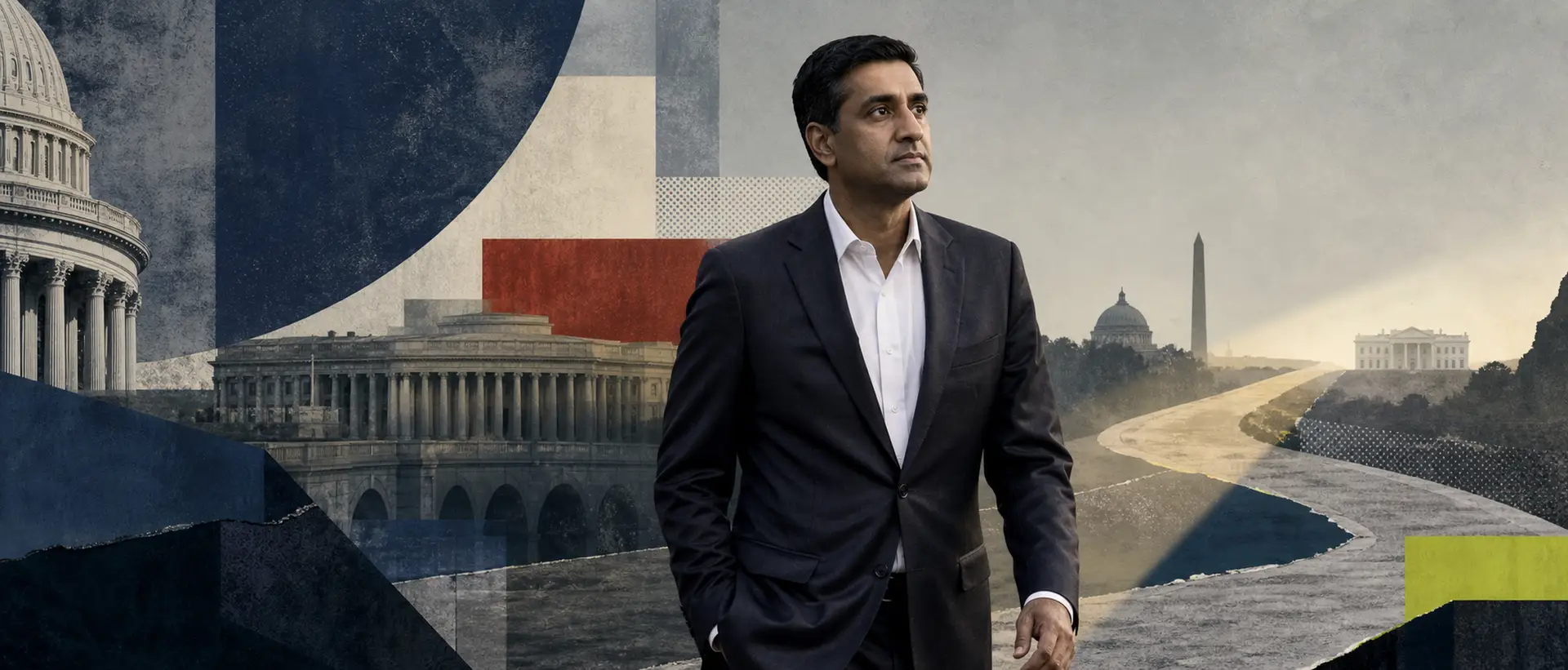 Editorial collage of Ro Khanna standing beside a long, uncertain road toward the White House.