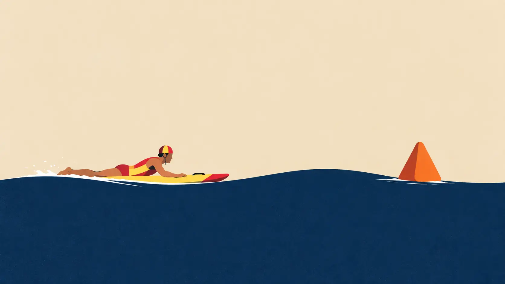 A surf lifesaving athlete in a red-and-yellow cap paddles a rescue board toward an ocean course buoy at sunrise.