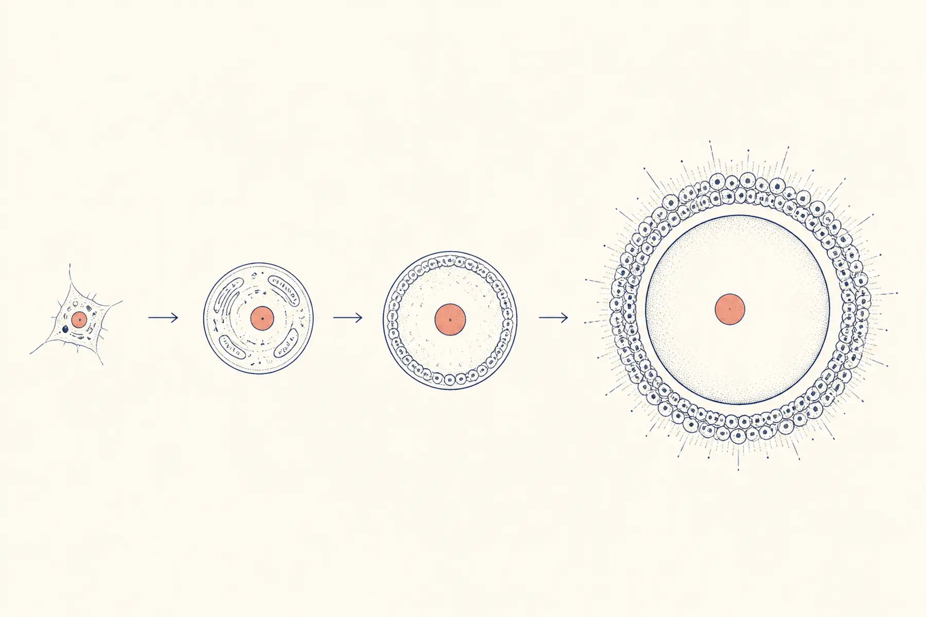 A minimal sequence shows one skin cell transforming into a large human egg cell.