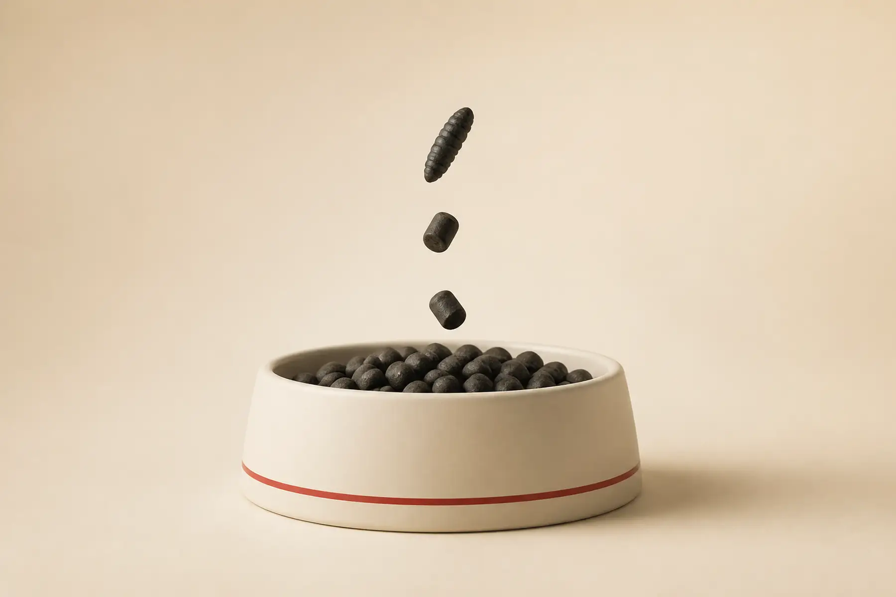 Dark protein pellets and one abstract larva-shaped piece fall into a minimal ivory pet bowl.