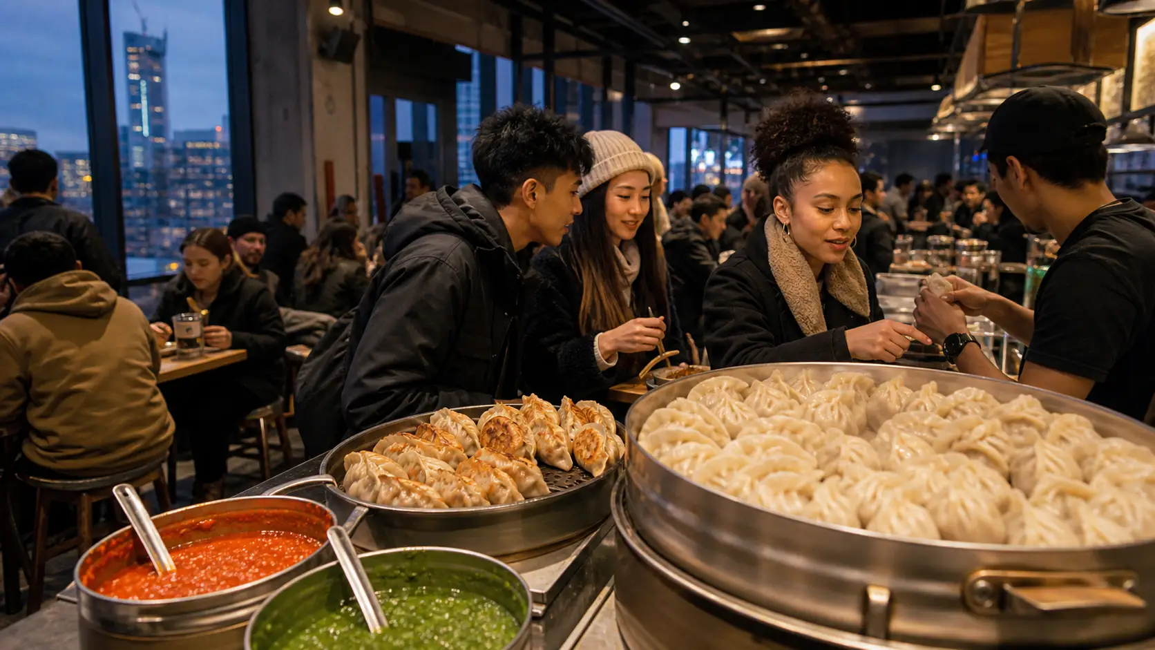 Fresh steamed and pan-fried momos fill a quick-service counter as a diverse evening crowd orders in a New York food hall.