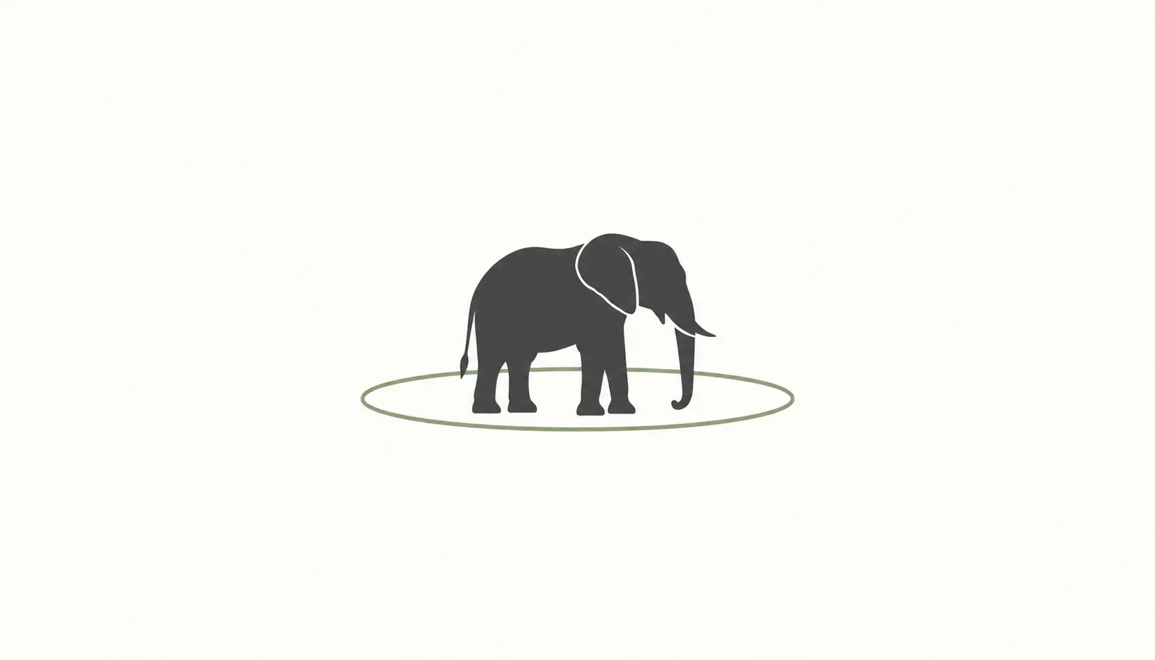 A small charcoal elephant silhouette stands inside a thin sage-green oval enclosure outline on a plain off-white background.