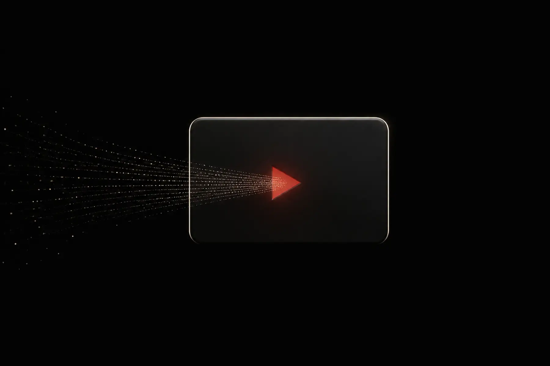 Tiny points of light converge on a single red aperture inside a dark television-shaped screen.