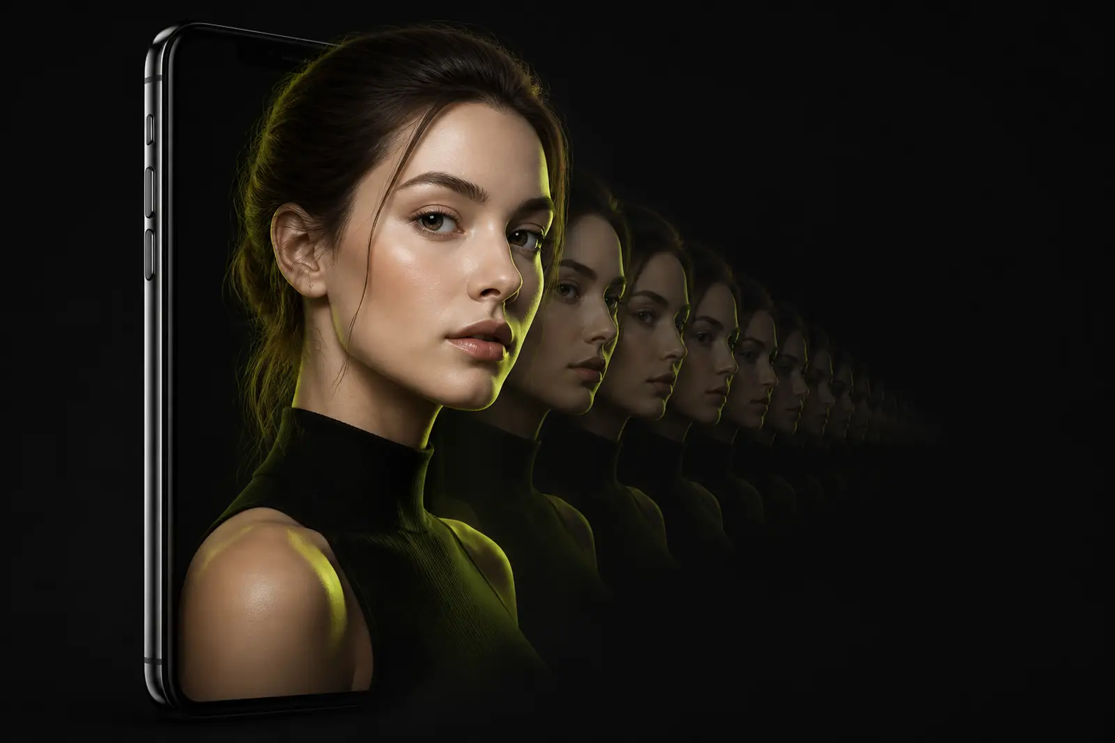 A synthetic young woman emerging from a phone, with identical faces repeating behind her.