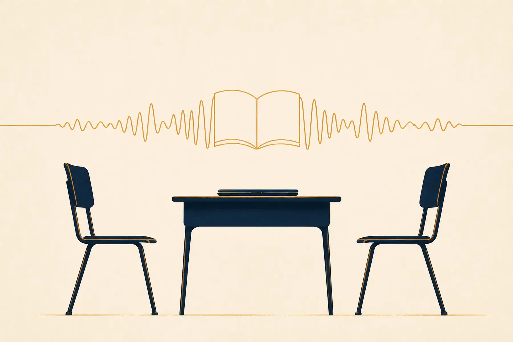 A sound wave between two empty classroom chairs forms the outline of an open book.