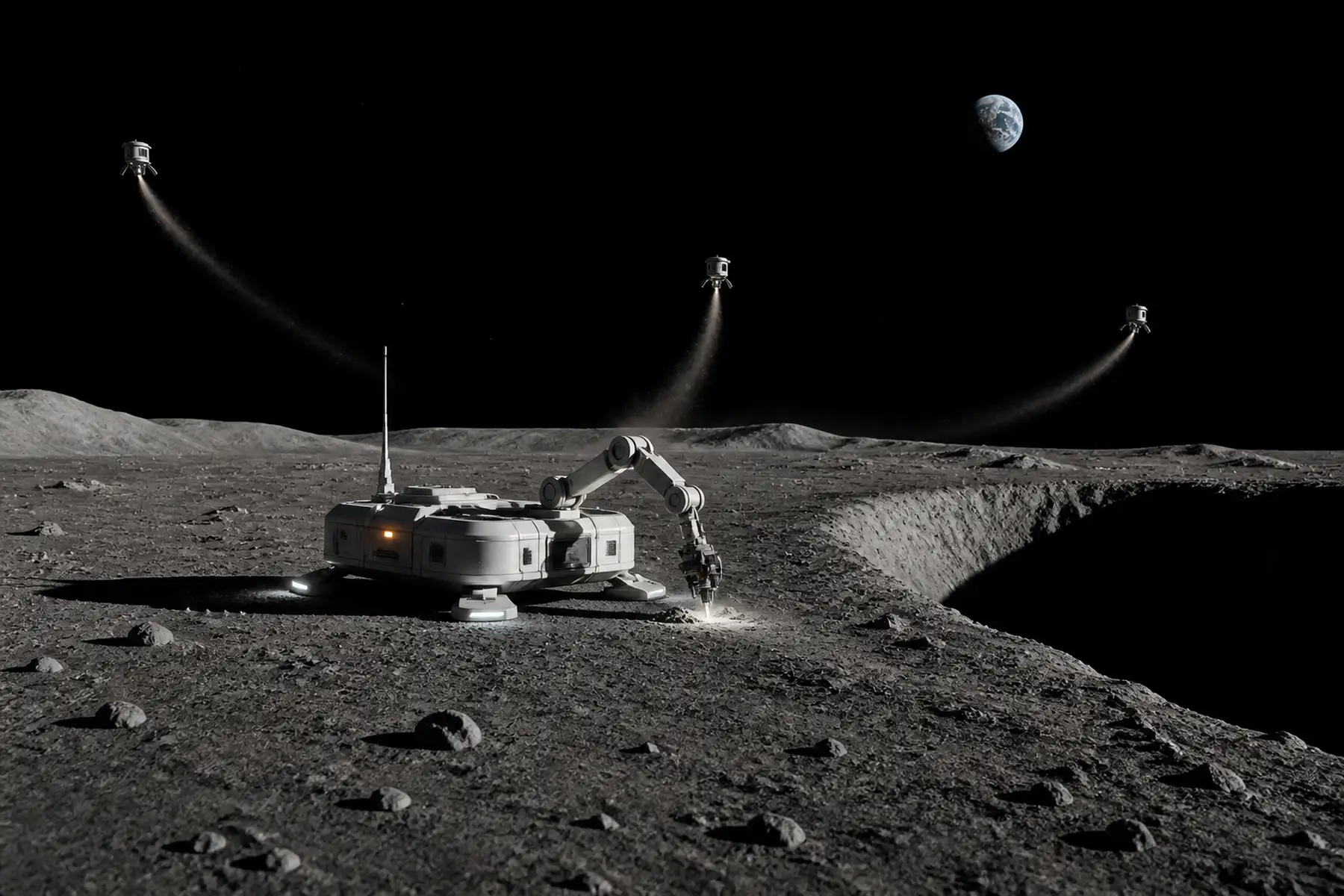 An autonomous lunar laboratory dispatches three small rocket-powered drones beside a dark south-polar crater.