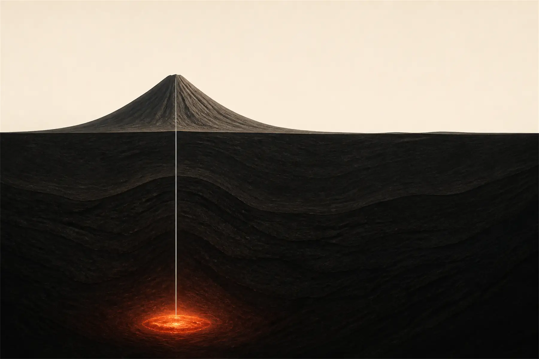 A white borehole descends through dark rock from a solitary volcano to a glowing supercritical reservoir.