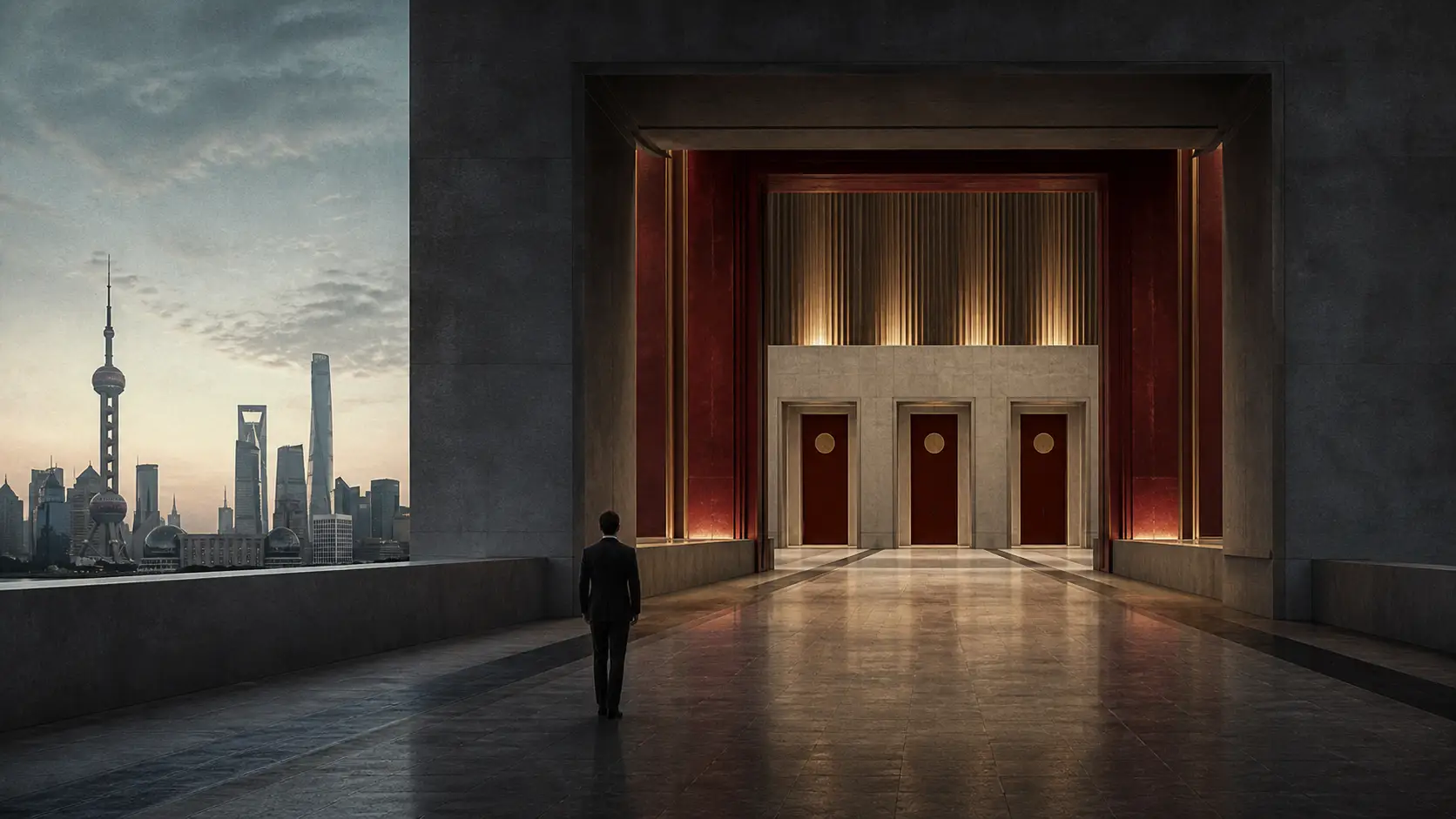 An anonymous official walks from the Shanghai skyline toward three distant doors in a monumental state corridor.