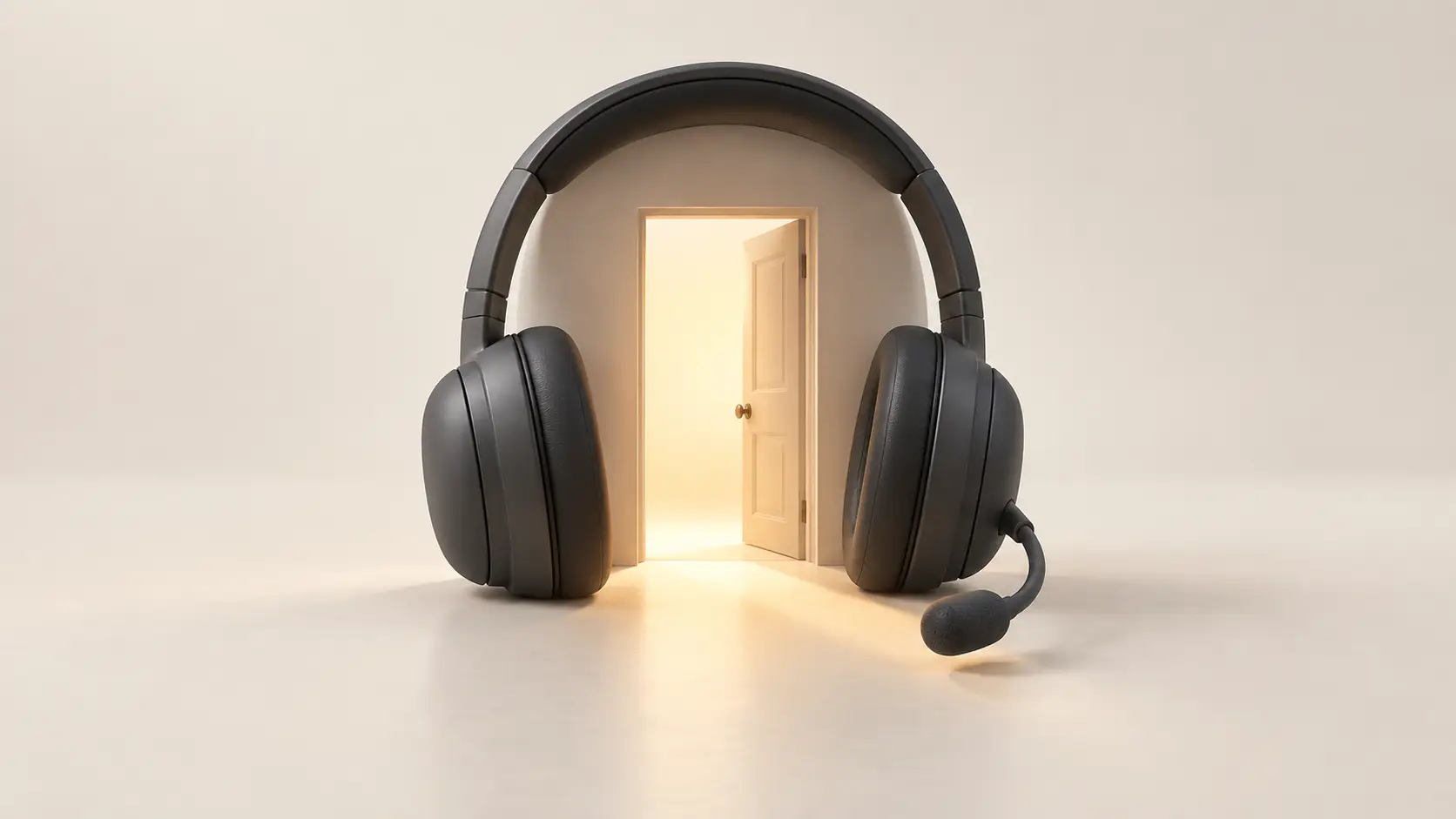 A graphite customer-service headset frames an open doorway glowing with warm light on a pale background.