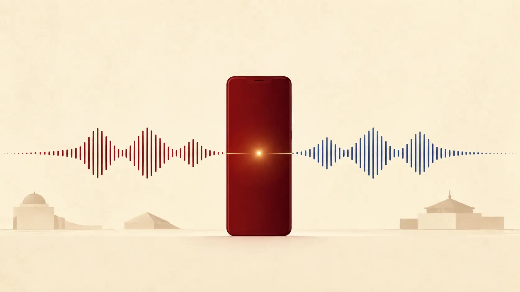 A single phone transforms one speech wave into another above a spare unfamiliar skyline.