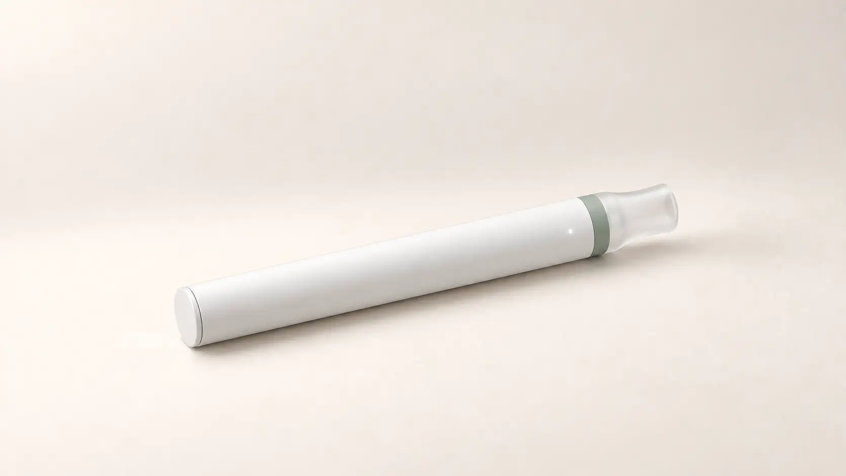 A slim white vape-shaped concept device with a sage-green band and frosted mouthpiece on an off-white background.