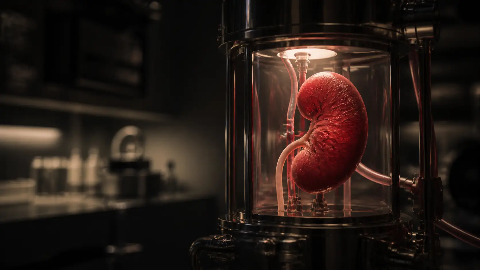 A biologically realistic kidney suspended in a transparent perfusion chamber inside a dark translational-medicine laboratory.