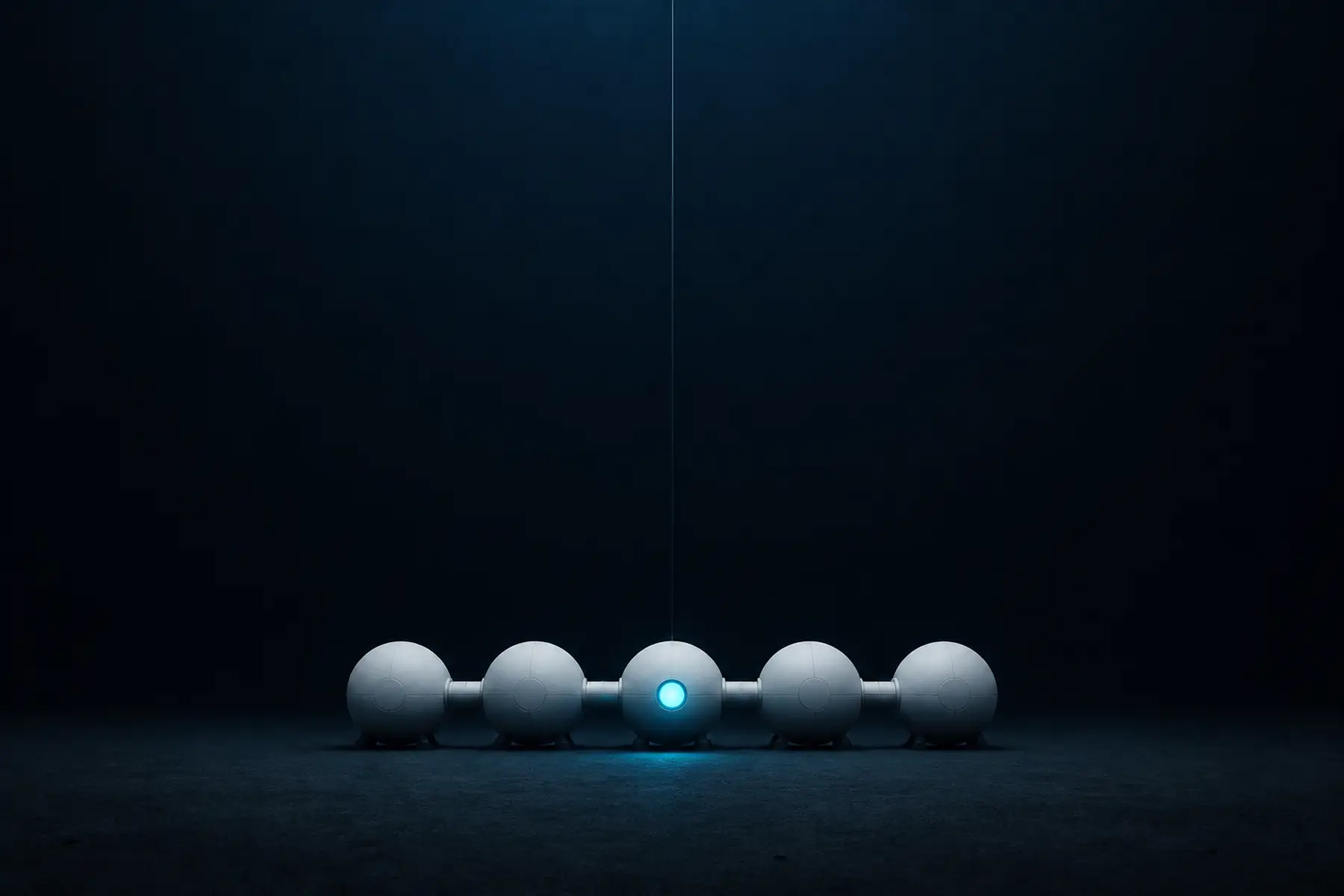 Five connected white pressure spheres form a small illuminated station on a dark seabed.