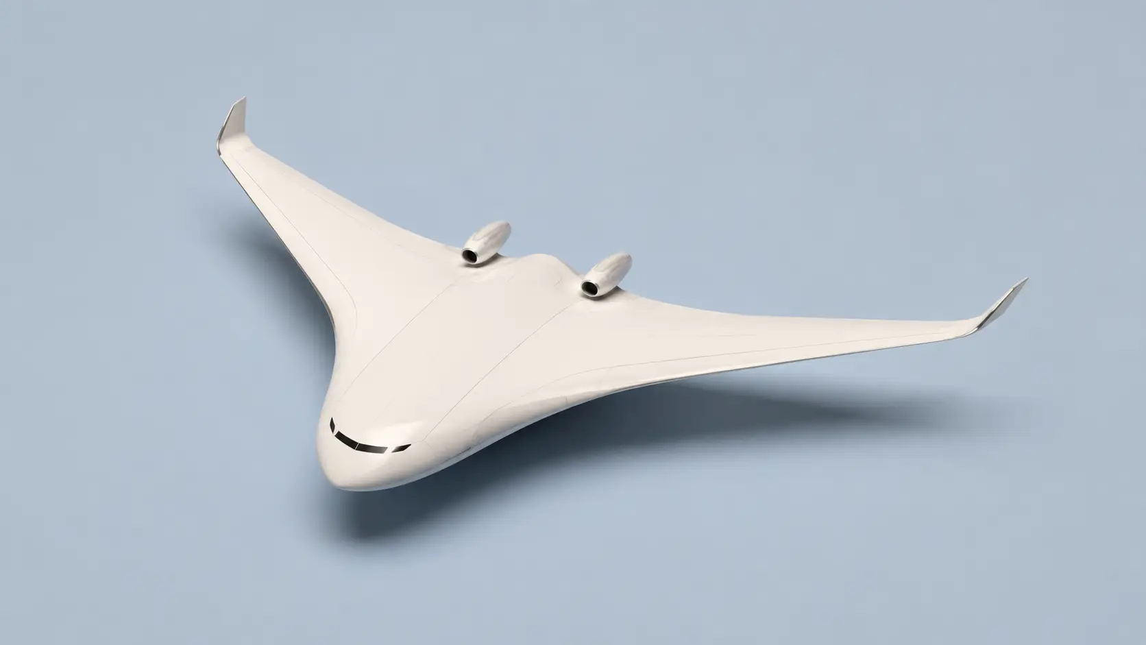A single imagined passenger aircraft with a broad centre body merging into swept wings.