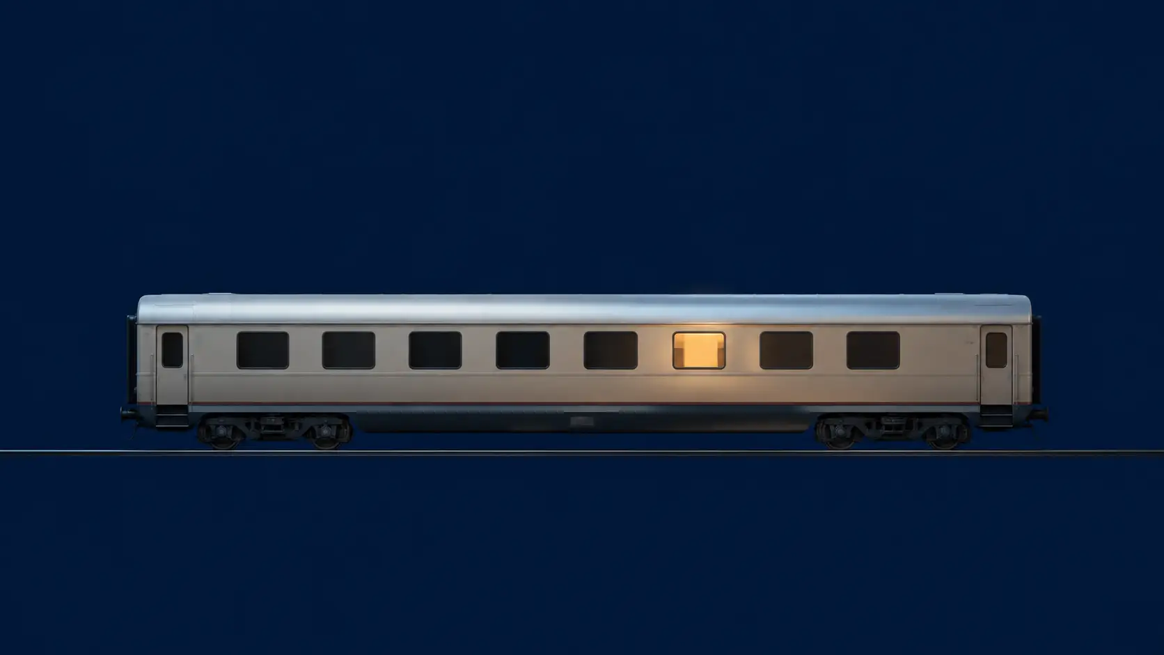 A single minimalist sleeper-train carriage with one warmly lit window against a midnight-blue background.
