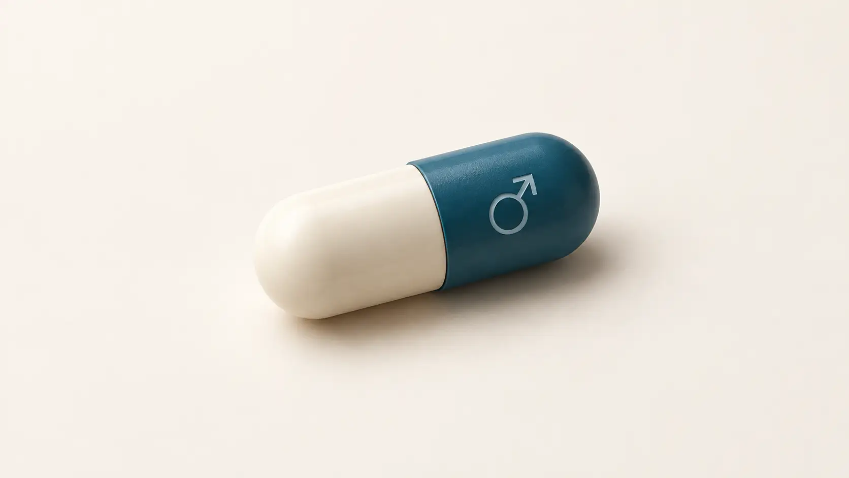 A single ivory and teal capsule embossed with a male symbol on a plain off-white surface.