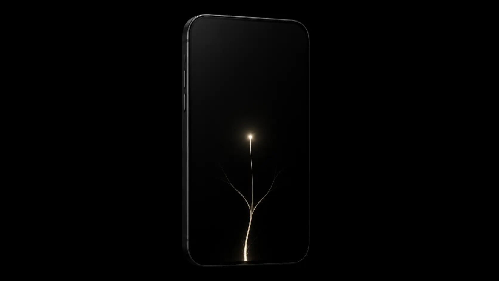 A single black smartphone with a delicate neural filament glowing beneath its dark glass.