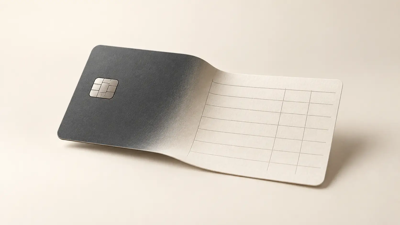 A graphite bank card merges into an ivory ledger sheet on a light background.