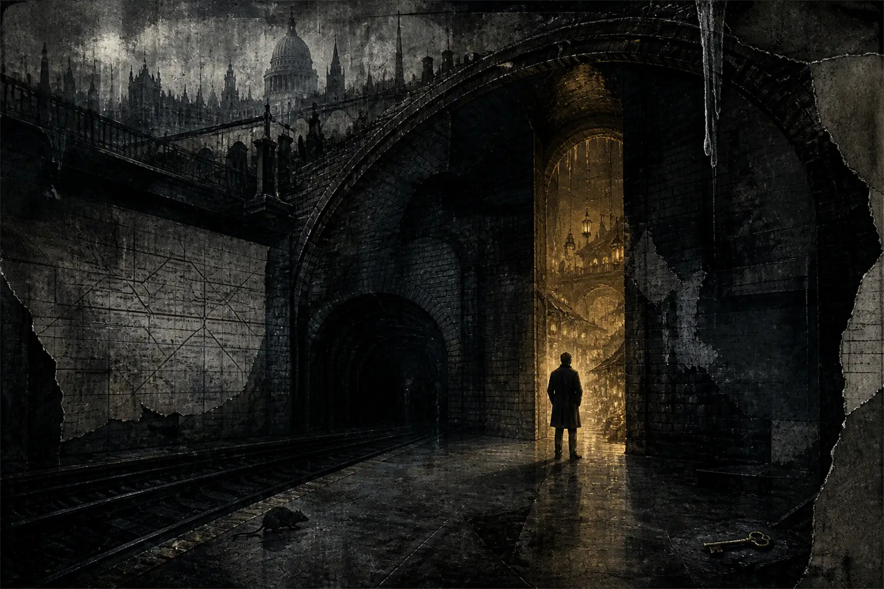 A lone figure faces an amber doorway beneath a distressed, ink-black London skyline