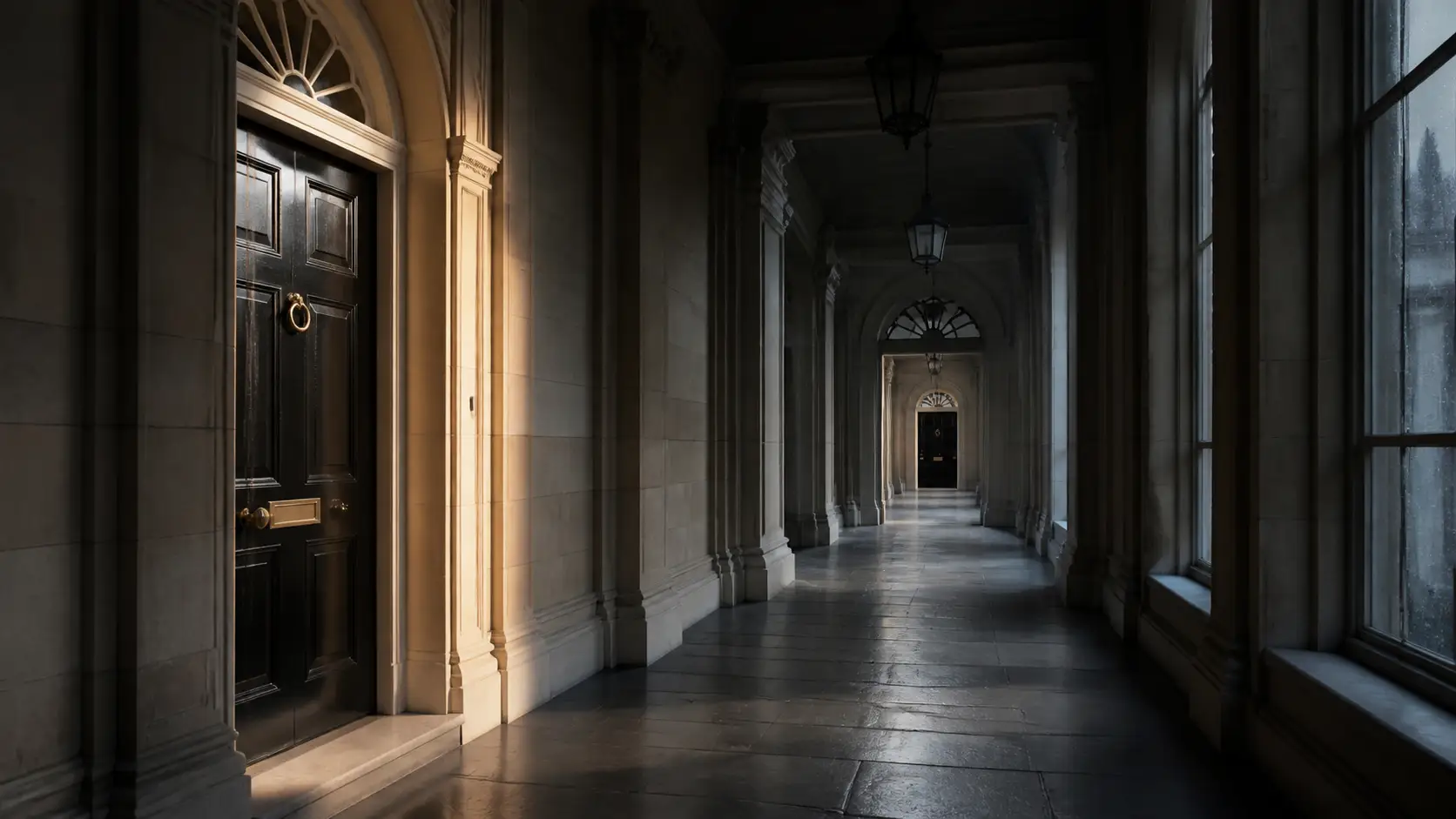 An empty Westminster corridor recedes past repeated black government doors as a narrow band of warm morning light fades into grey.
