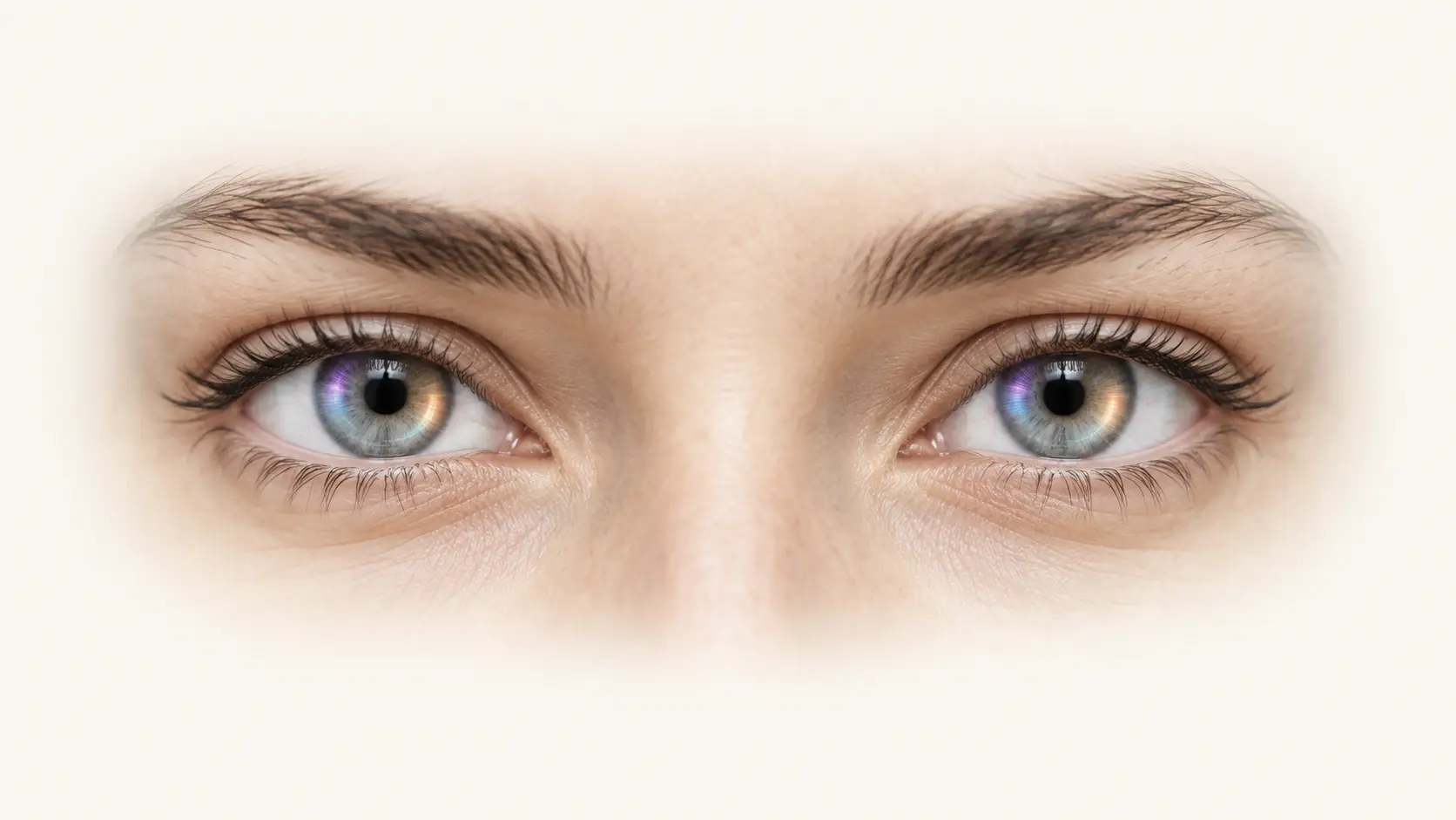 Two human eyes with subtle violet, cyan and amber reflections in their irises against an off-white background.
