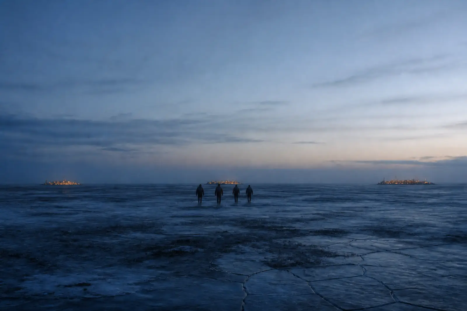 Four backpacked travellers walk across a vast northern landscape towards a thin chain of city lights.
