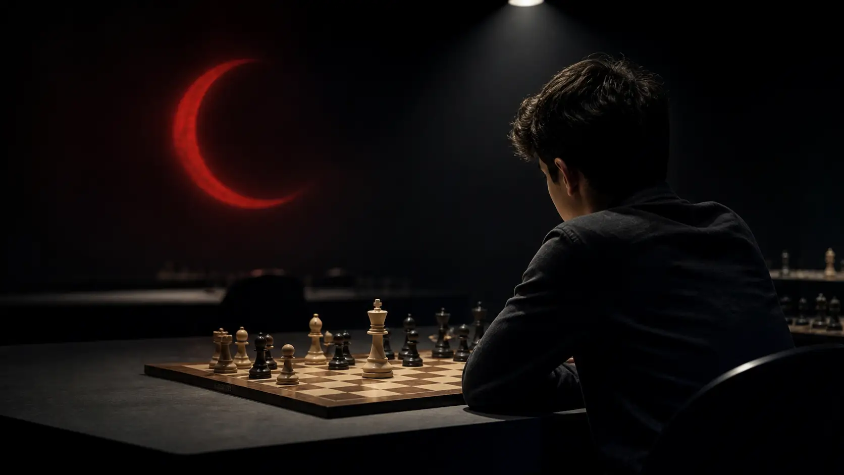 An anonymous teenage chess player studies a tournament board beneath a red crescent-shaped light.