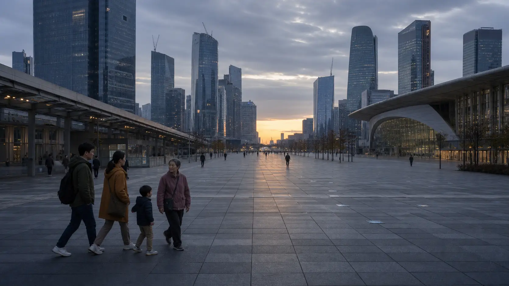 A multigenerational family crosses an unusually sparse plaza beneath the towers of a vast modern city at dawn.
