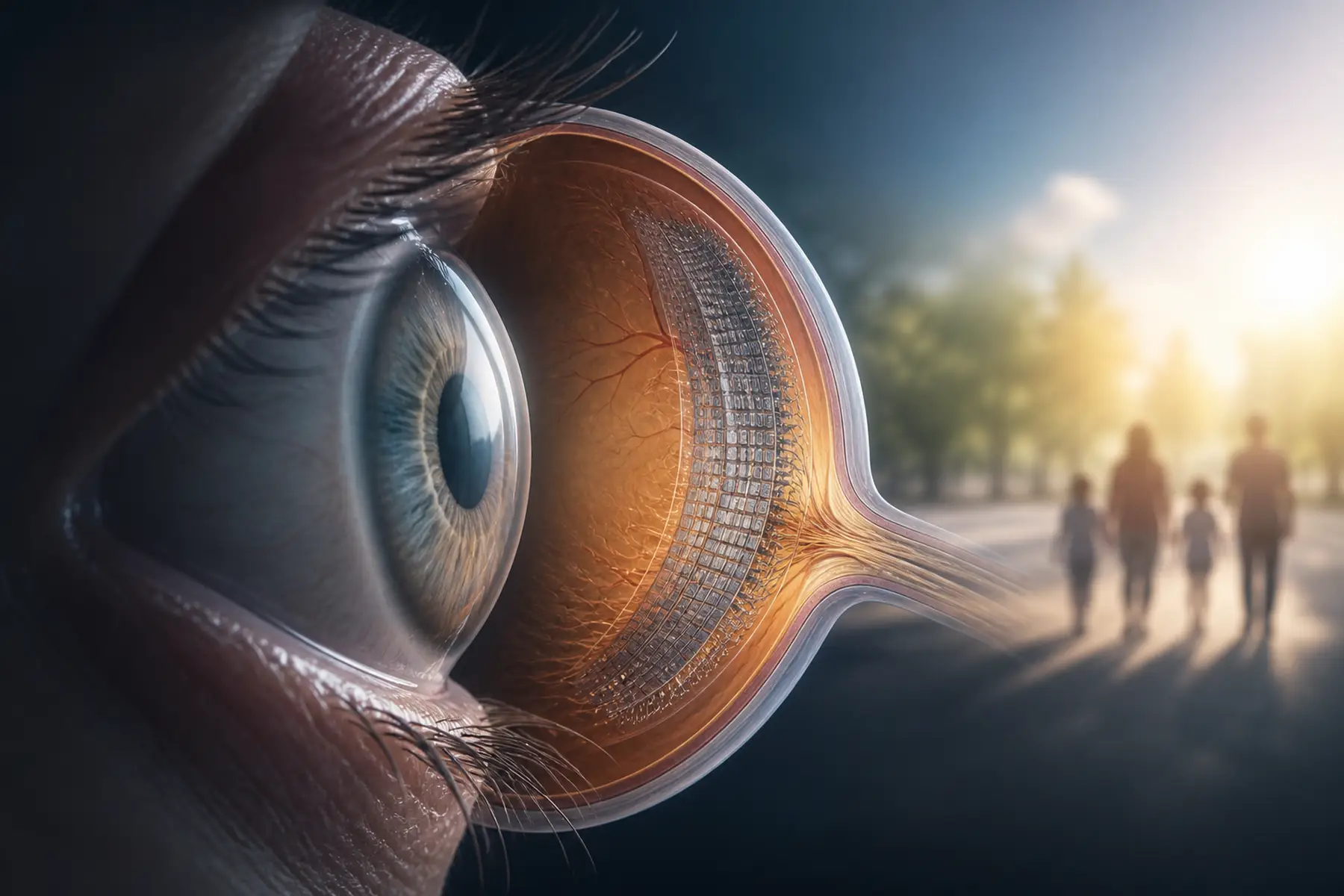 A medical illustration reveals a light-sensitive electronic lattice beneath the retina as a family comes into focus.